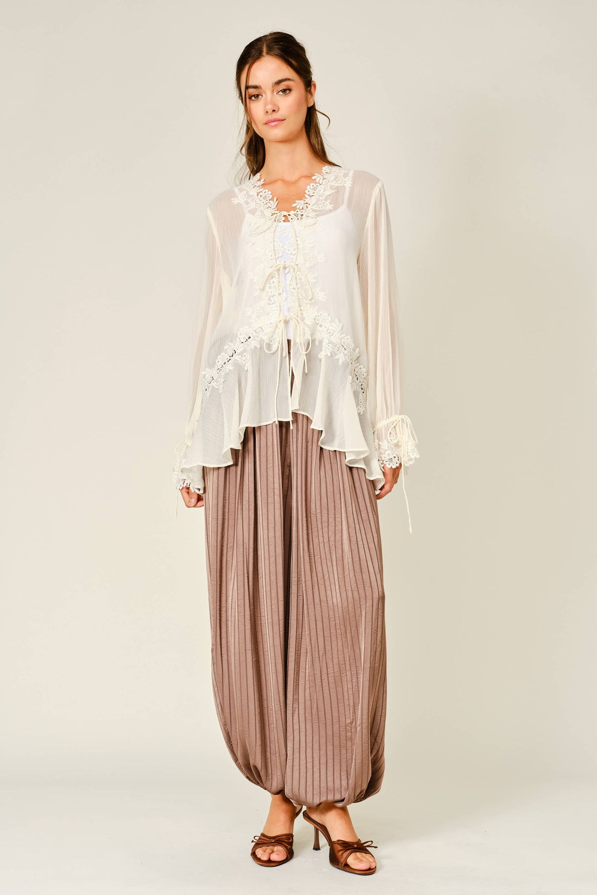 Amanda Sheer Lace Ruffle Cardigan Blouse