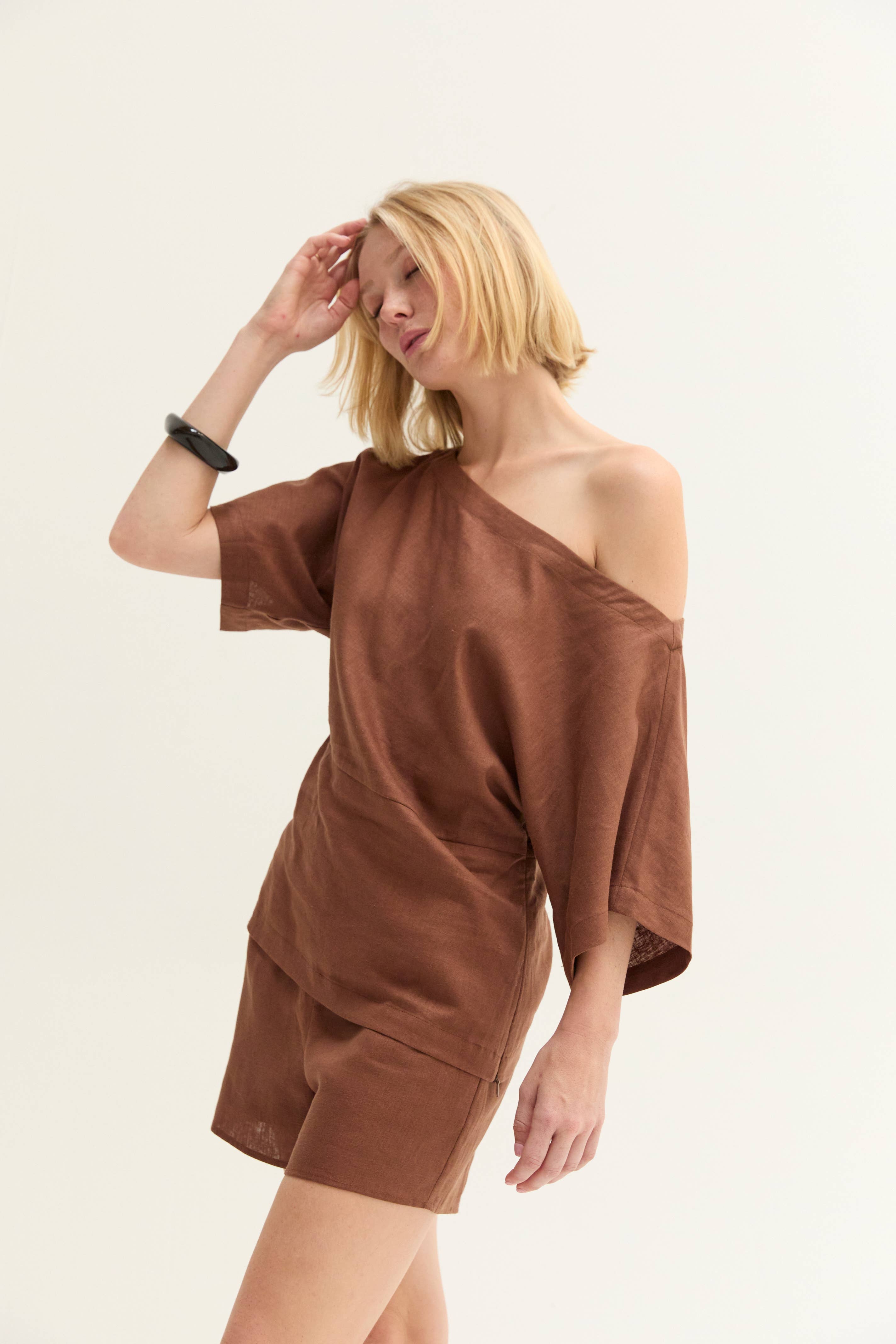 Linen Blend One Shoulder Top-Brown