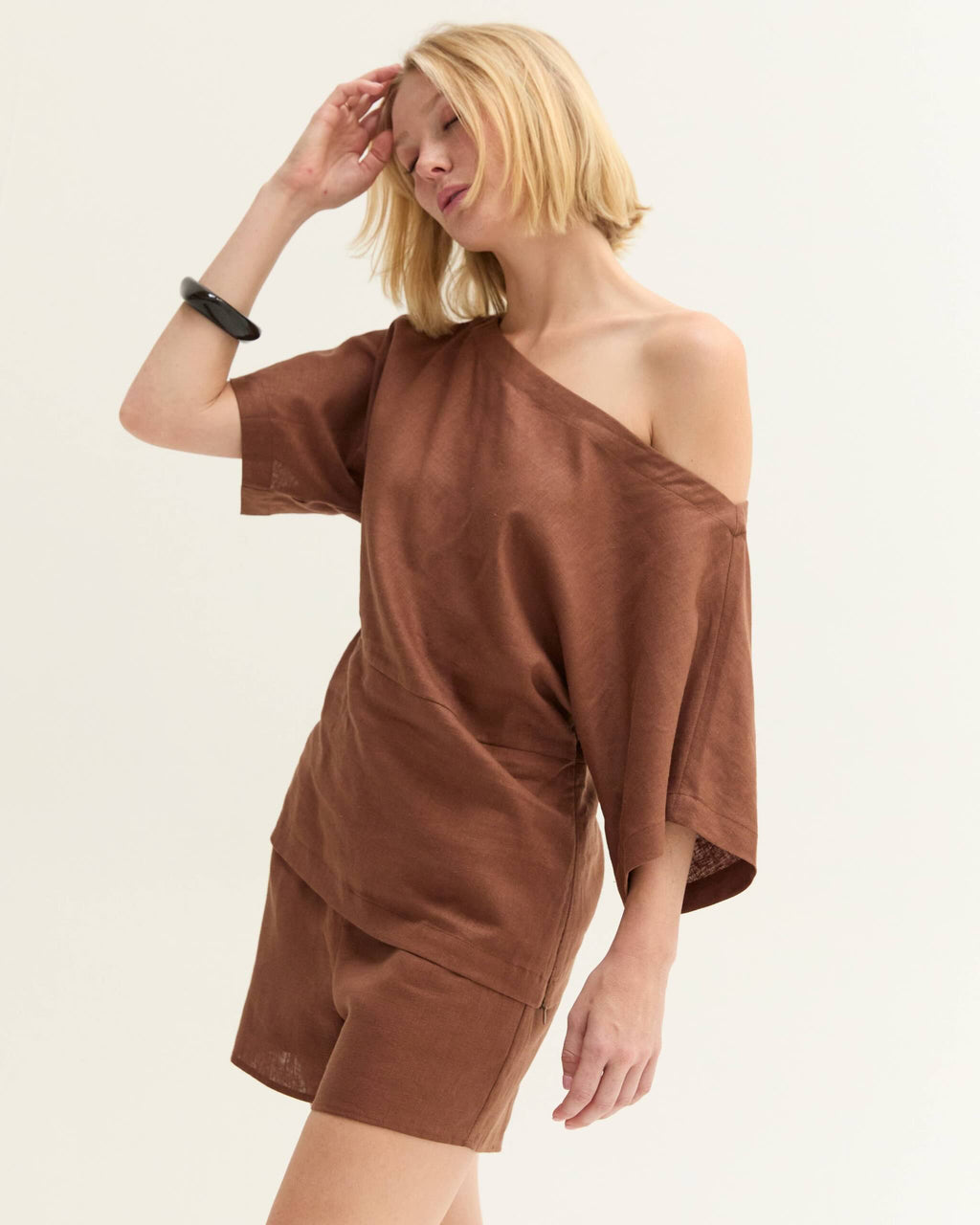 Linen Blend One Shoulder Top-Brown - STRIVE Boutique