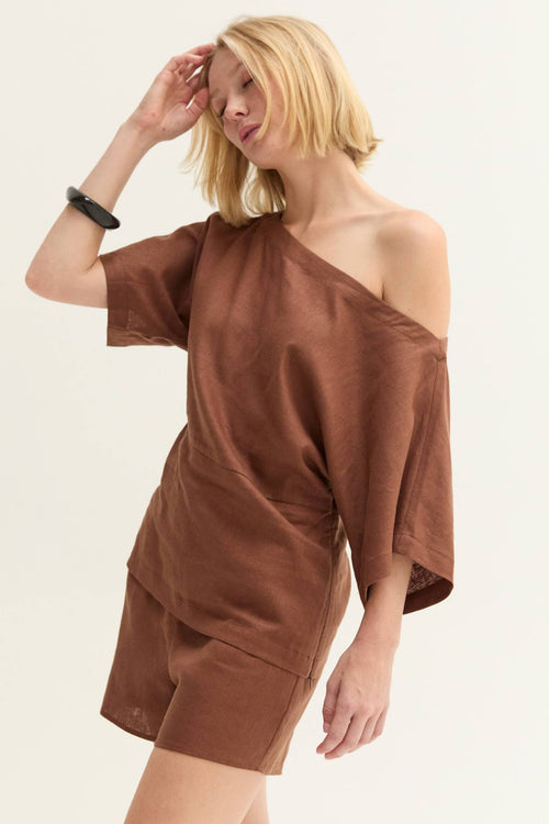 Linen Blend One Shoulder Top-Brown - STRIVE Boutique