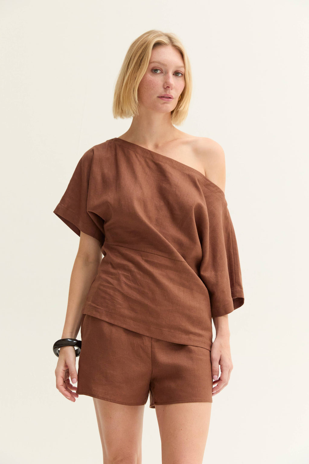 Linen Blend One Shoulder Top-Brown