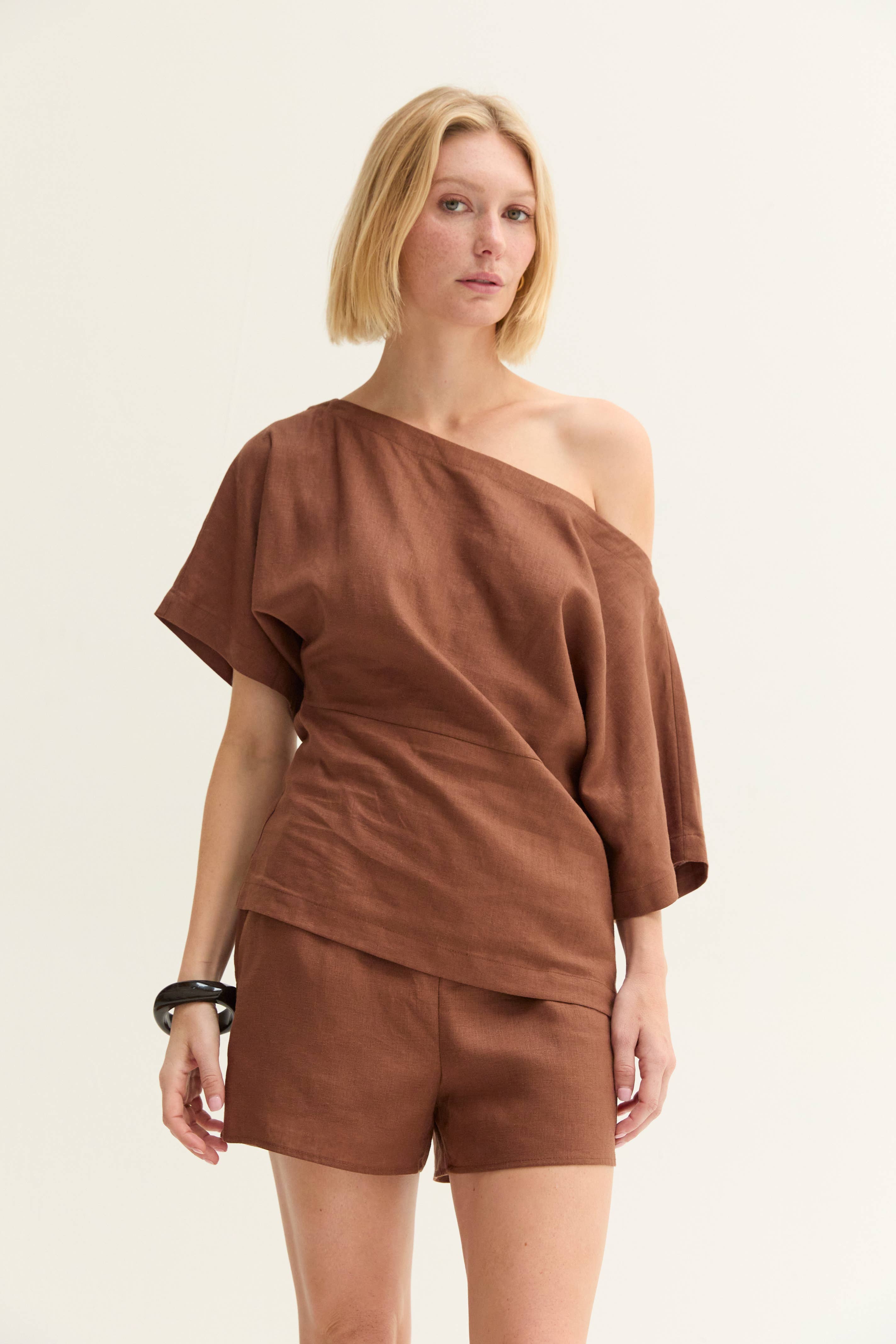 Linen Blend One Shoulder Top-Brown