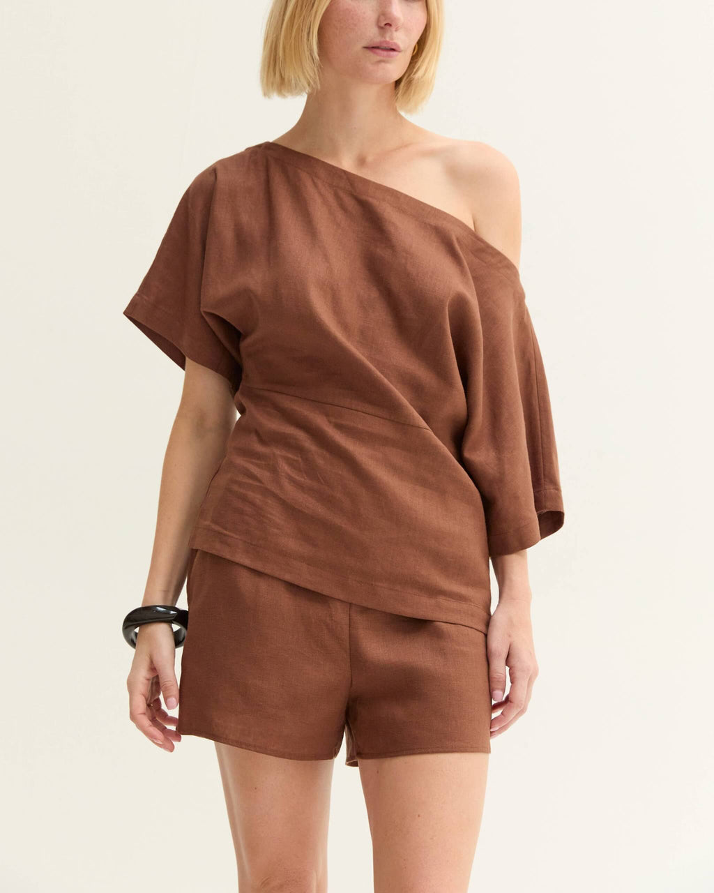 Linen Blend One Shoulder Top-Brown - STRIVE Boutique