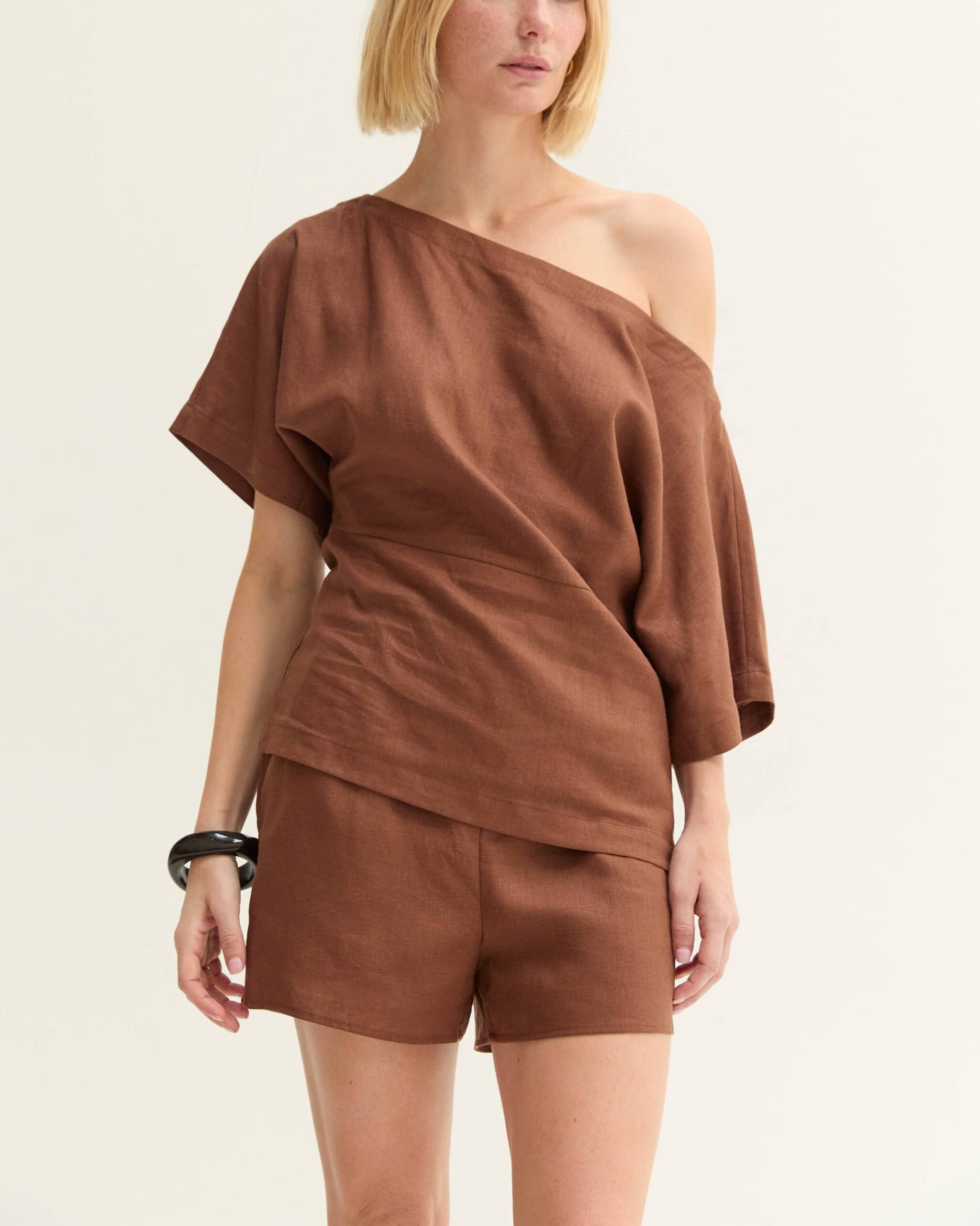 Linen Blend One Shoulder Top-Brown - STRIVE Boutique