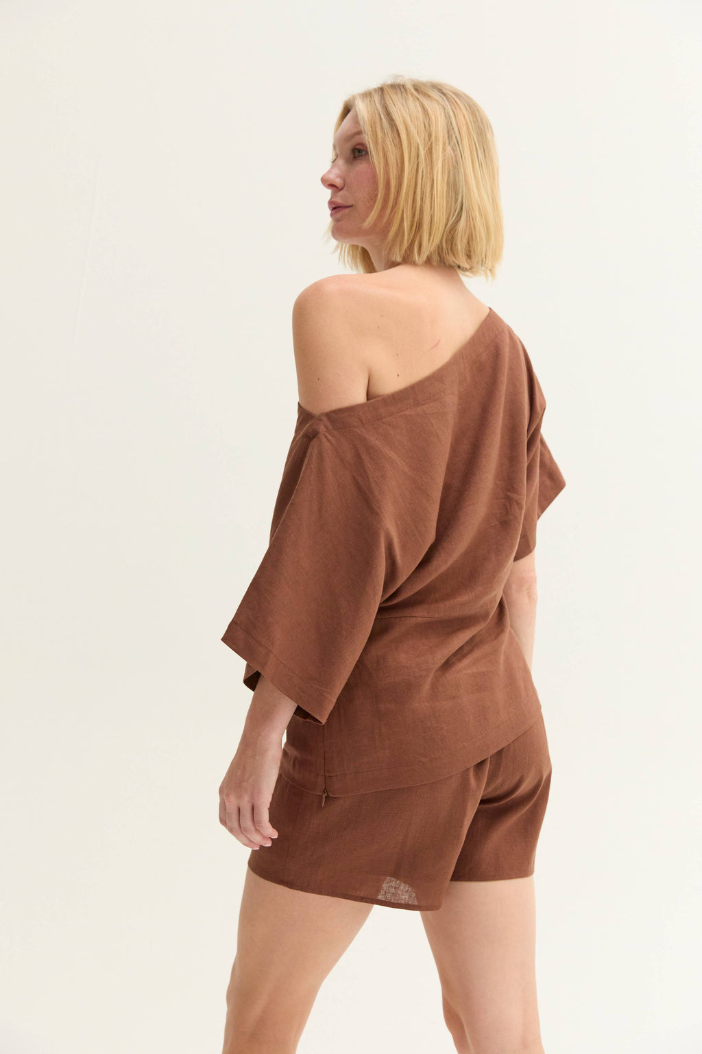 Linen Blend One Shoulder Top-Brown