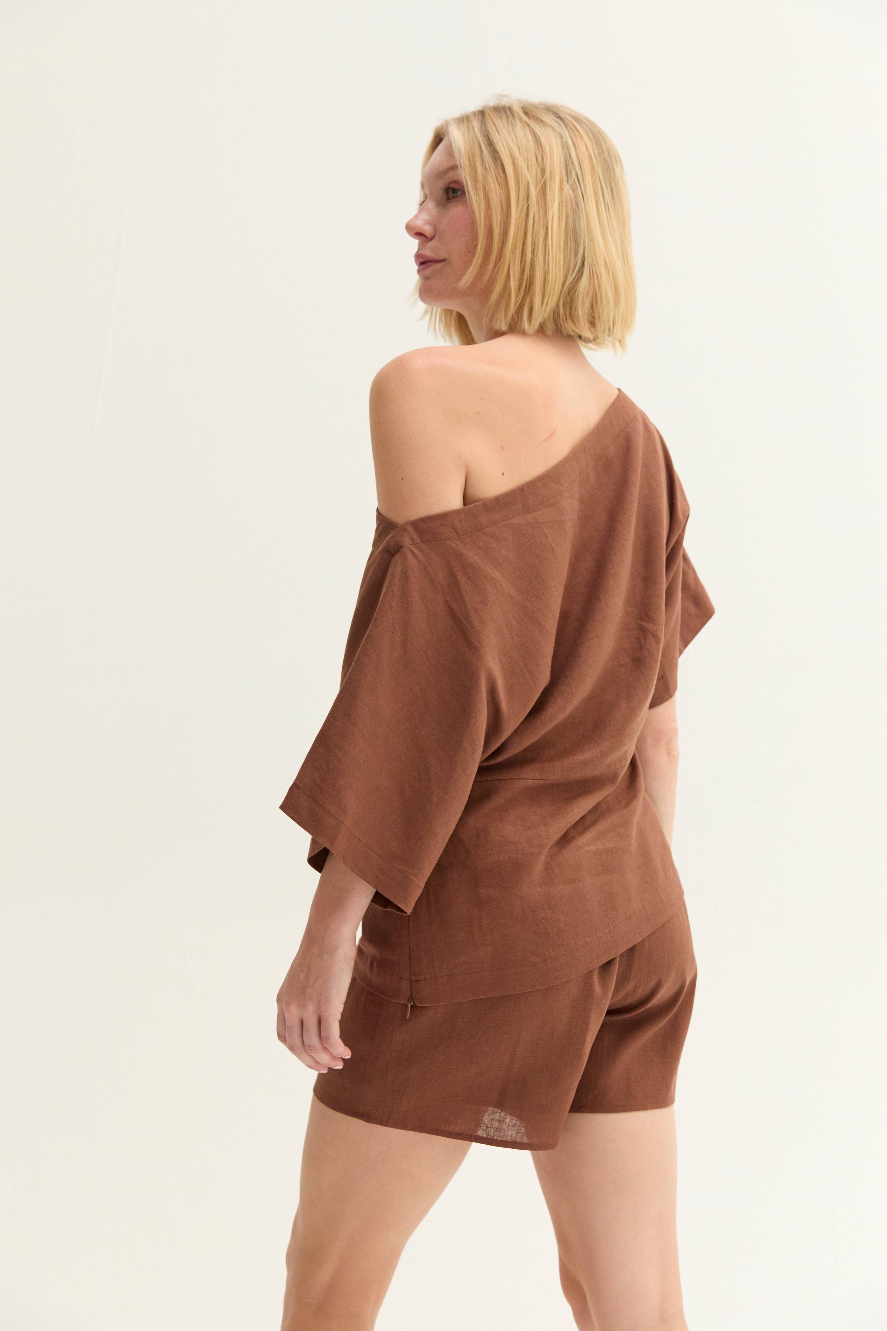 Linen Blend One Shoulder Top-Brown