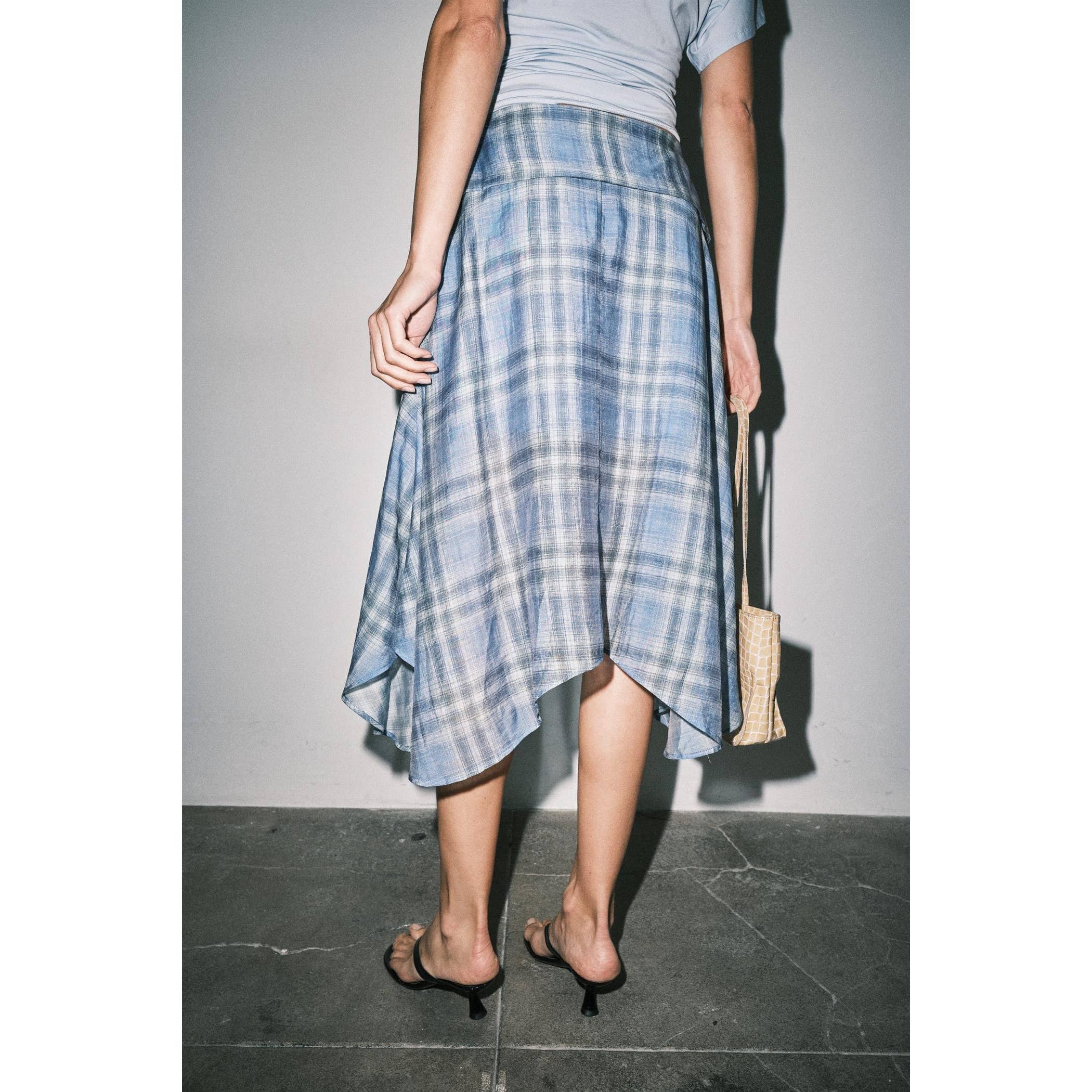 Emily Plaid Linen Wrap Asymmetric Midi Skirt