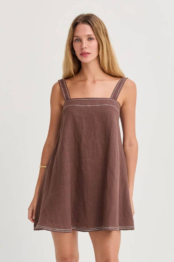 Jael Contrast Stitch Square Neck Linen Mini Dress - Crescent Clothing Jael Contrast Stitch Square Neck Linen Mini Dress - Crescent Clothing