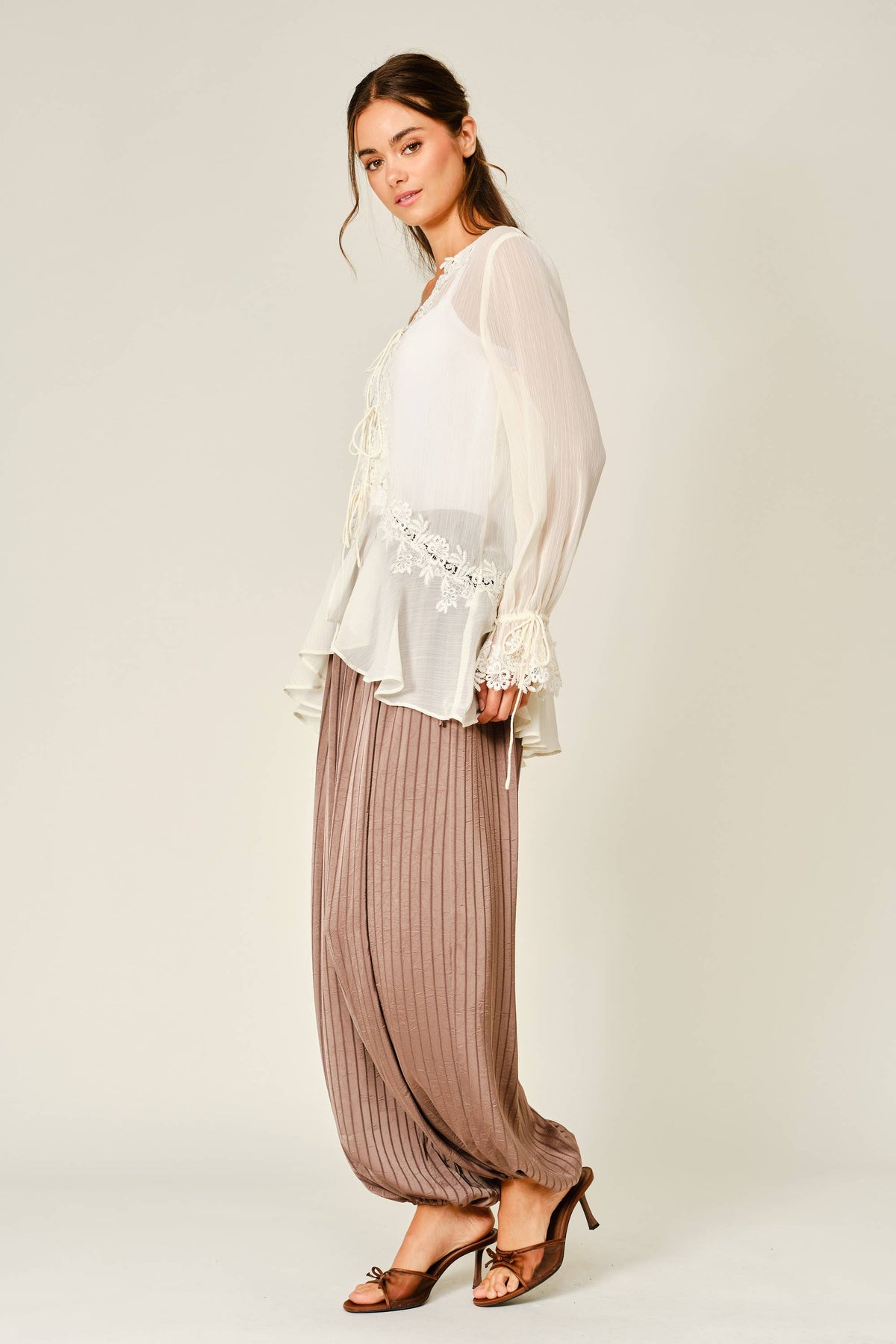 Amanda Sheer Lace Ruffle Cardigan Blouse