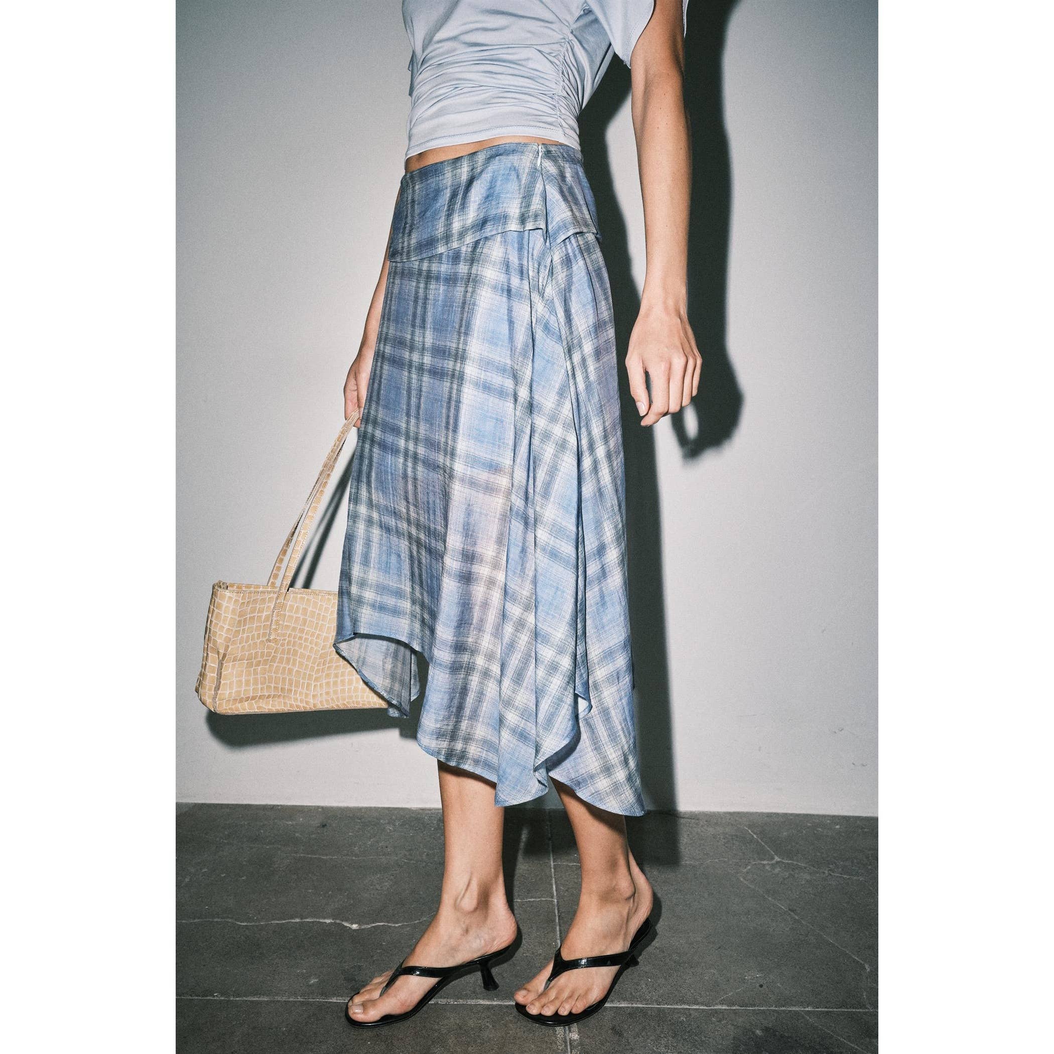Emily Plaid Linen Wrap Asymmetric Midi Skirt