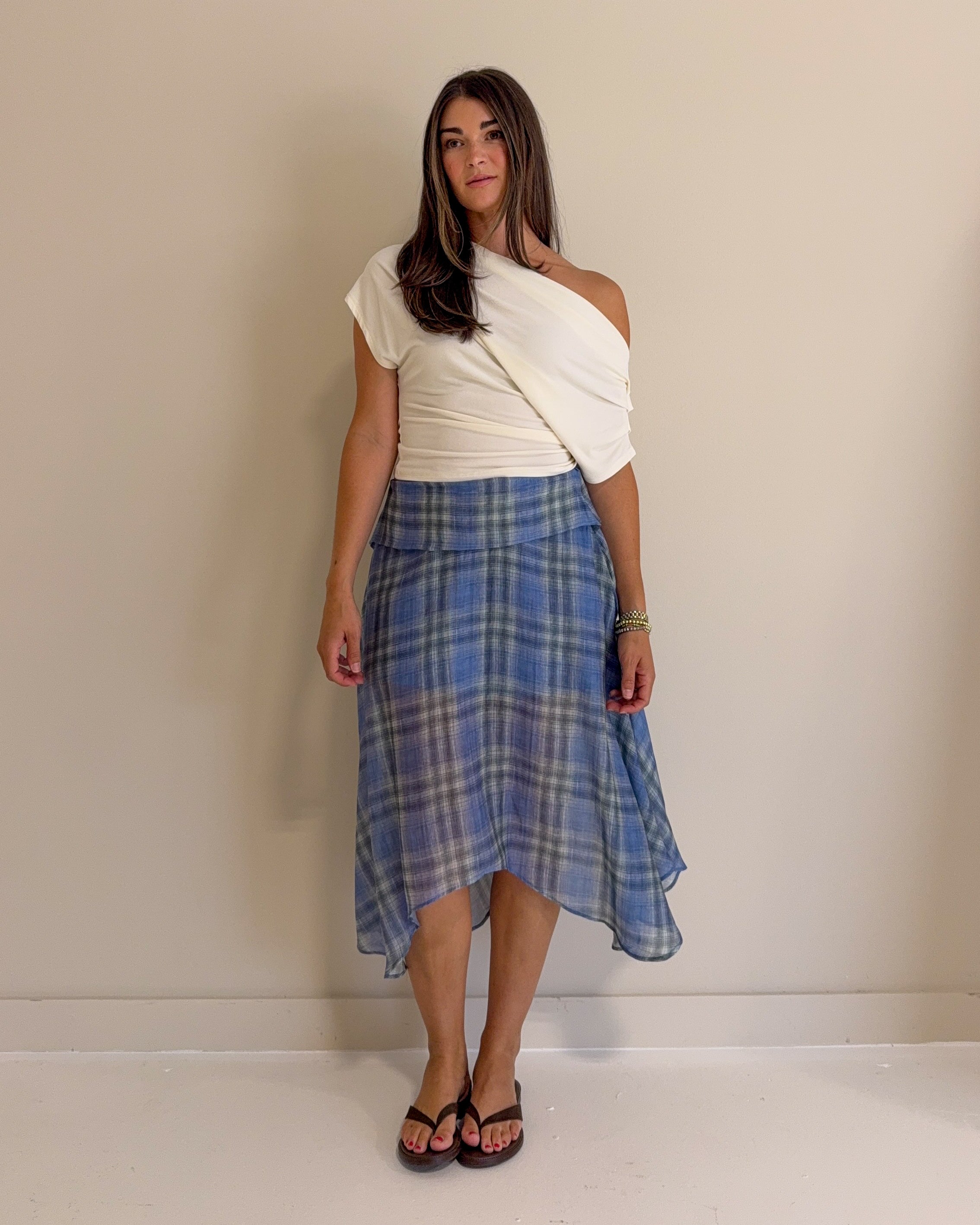 Emily Plaid Linen Wrap Asymmetric Midi Skirt
