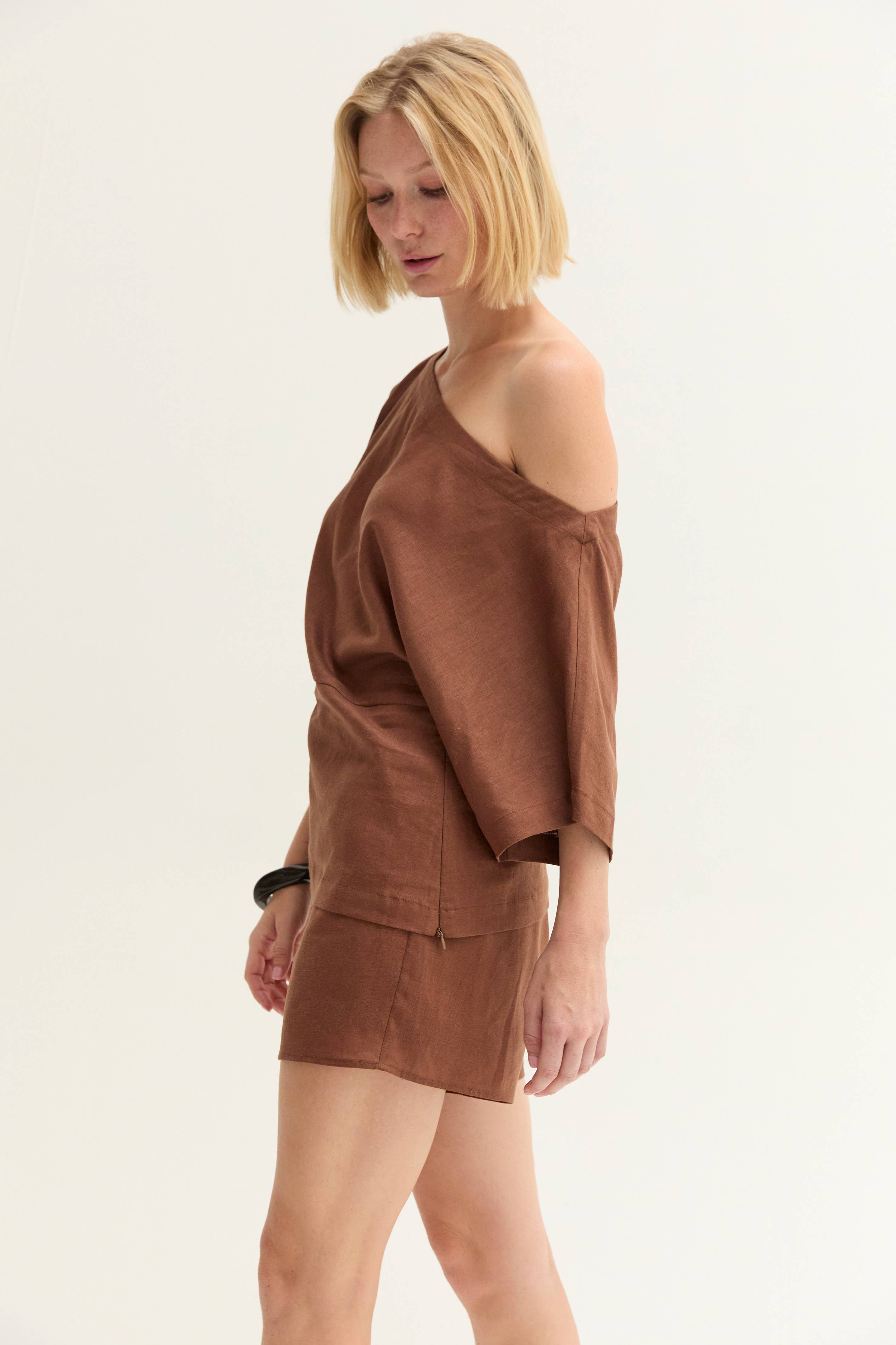 Linen Blend One Shoulder Top-Brown