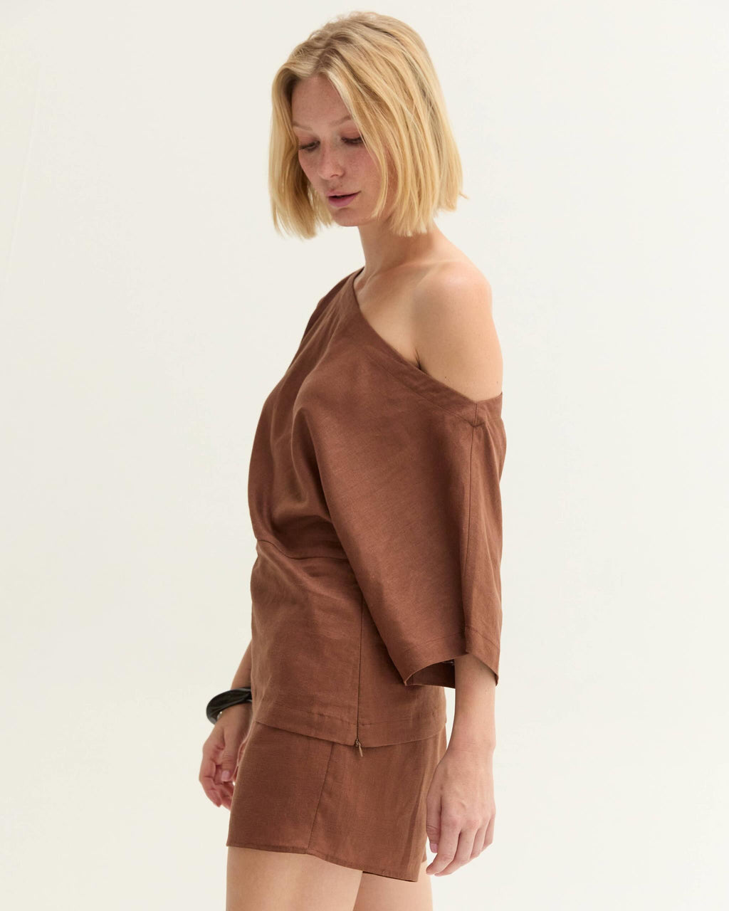 Linen Blend One Shoulder Top-Brown - STRIVE Boutique
