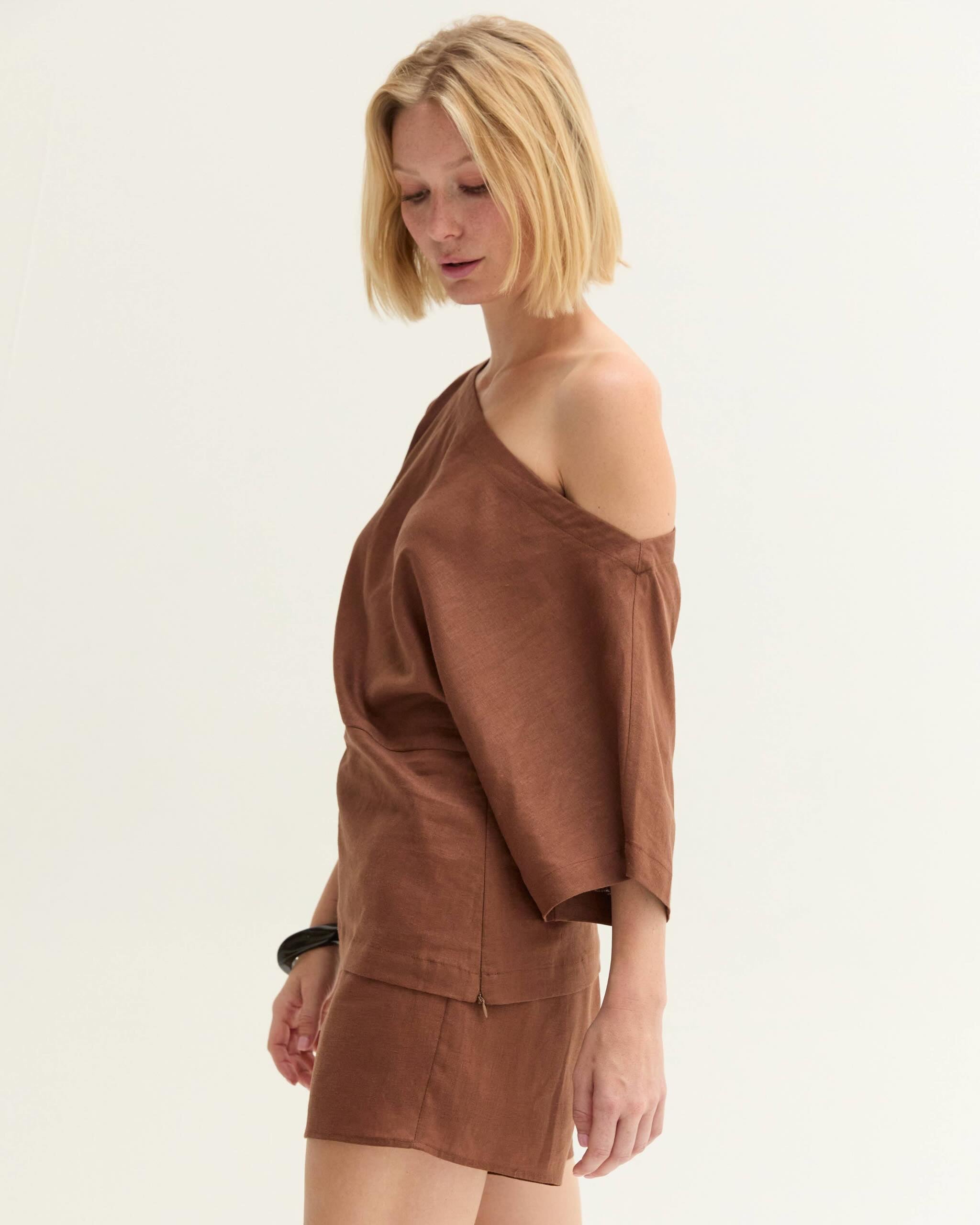 Linen Blend One Shoulder Top-Brown - STRIVE Boutique