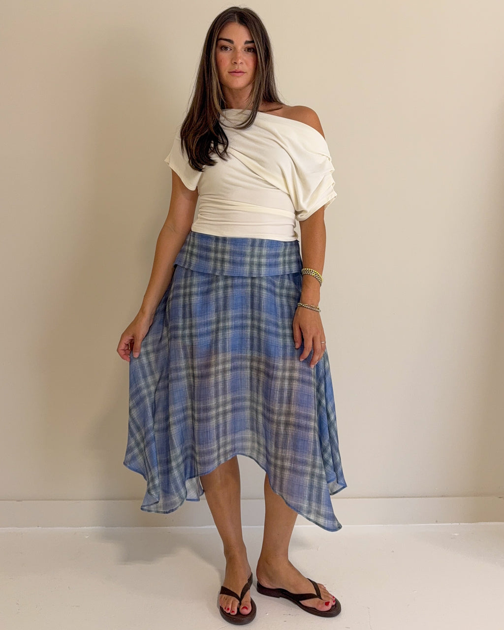 Emily Plaid Linen Wrap Asymmetric Midi Skirt