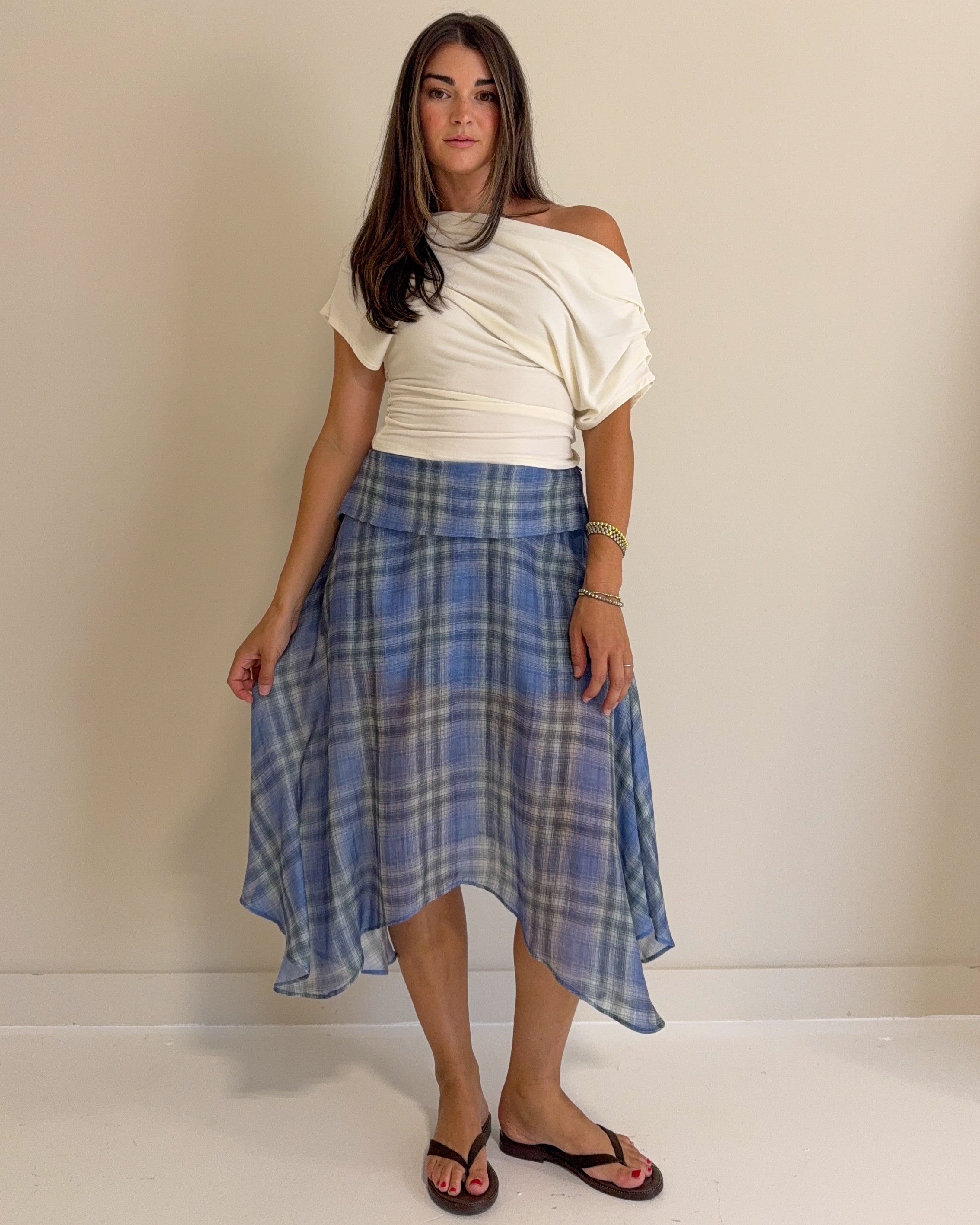 Emily Plaid Linen Wrap Asymmetric Midi Skirt