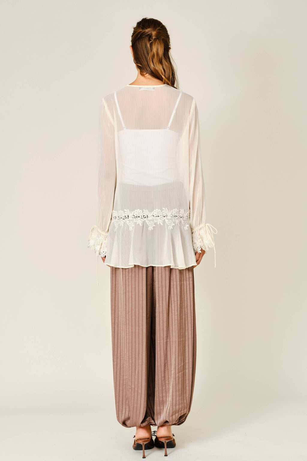 Amanda Sheer Lace Ruffle Cardigan Blouse