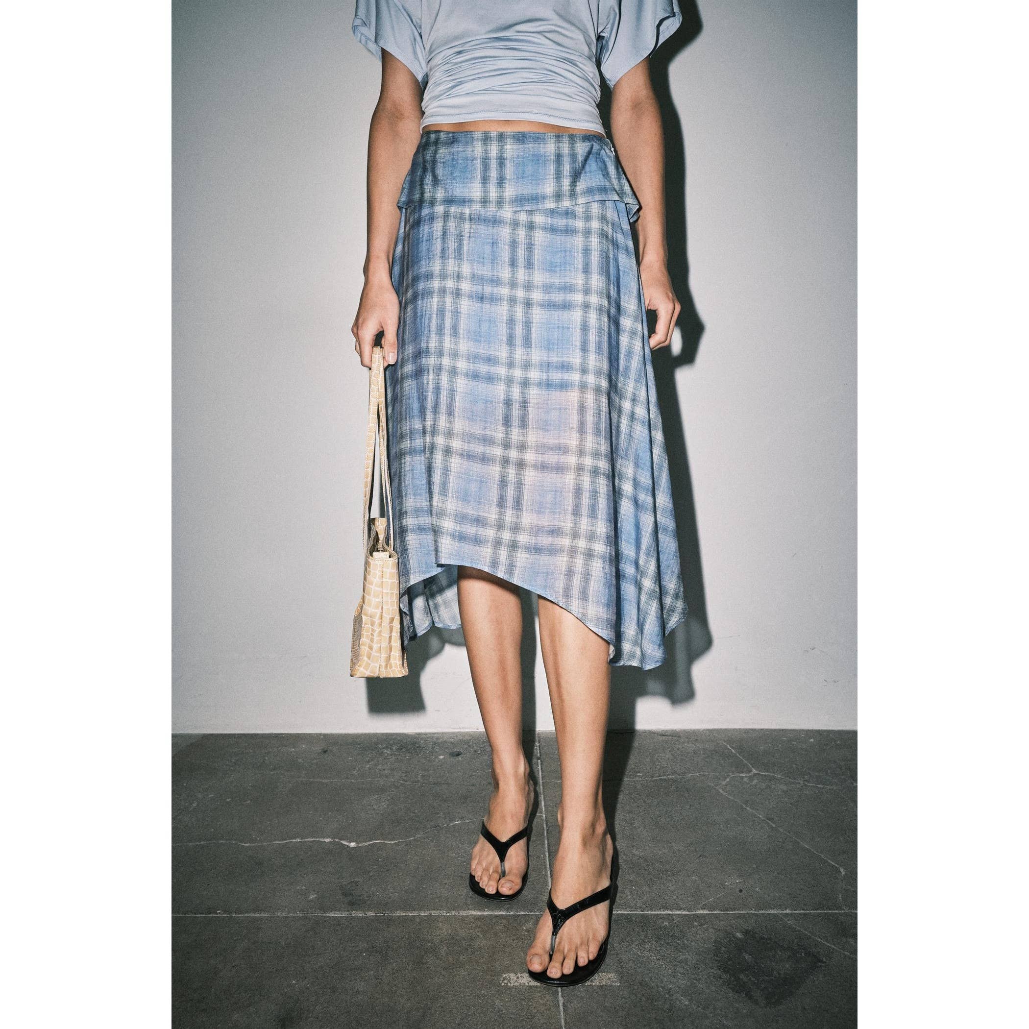 Emily Plaid Linen Wrap Asymmetric Midi Skirt