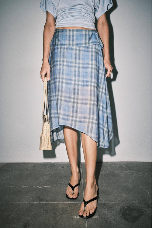 Emily Plaid Linen Wrap Asymmetric Midi Skirt - STRIVE Boutique