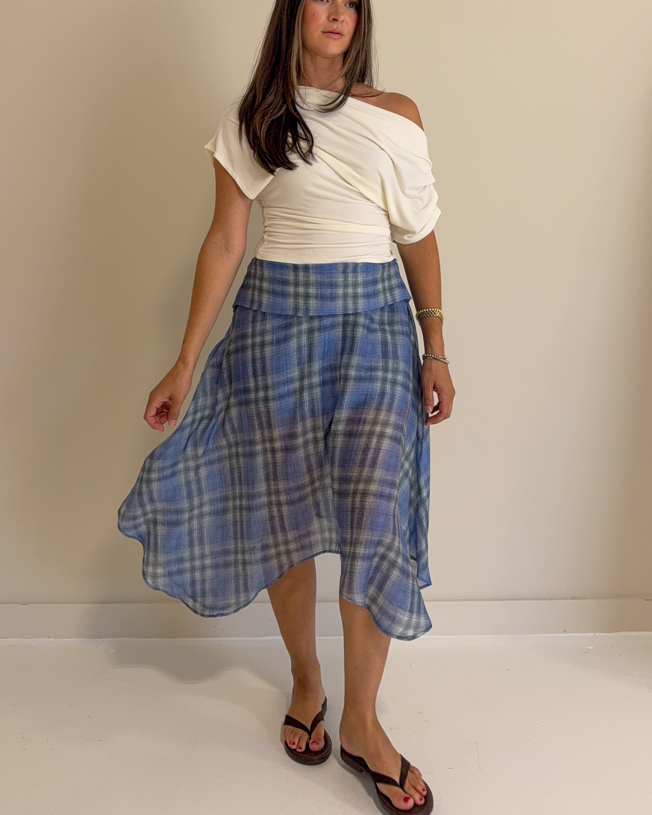 Emily Plaid Linen Wrap Asymmetric Midi Skirt