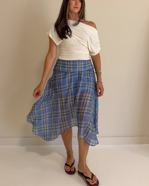 Emily Plaid Linen Wrap Asymmetric Midi Skirt - STRIVE Boutique