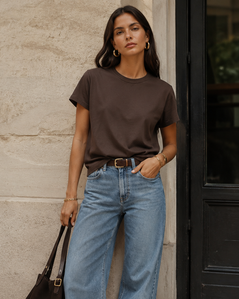 A woman stands outdoors against a stone wall and black door, wearing a dark brown short-sleeve crewneck t-shirt, light-wash wide-leg blue jeans, a brown belt, leopard-print heels, and carrying a dark brown tote bag.