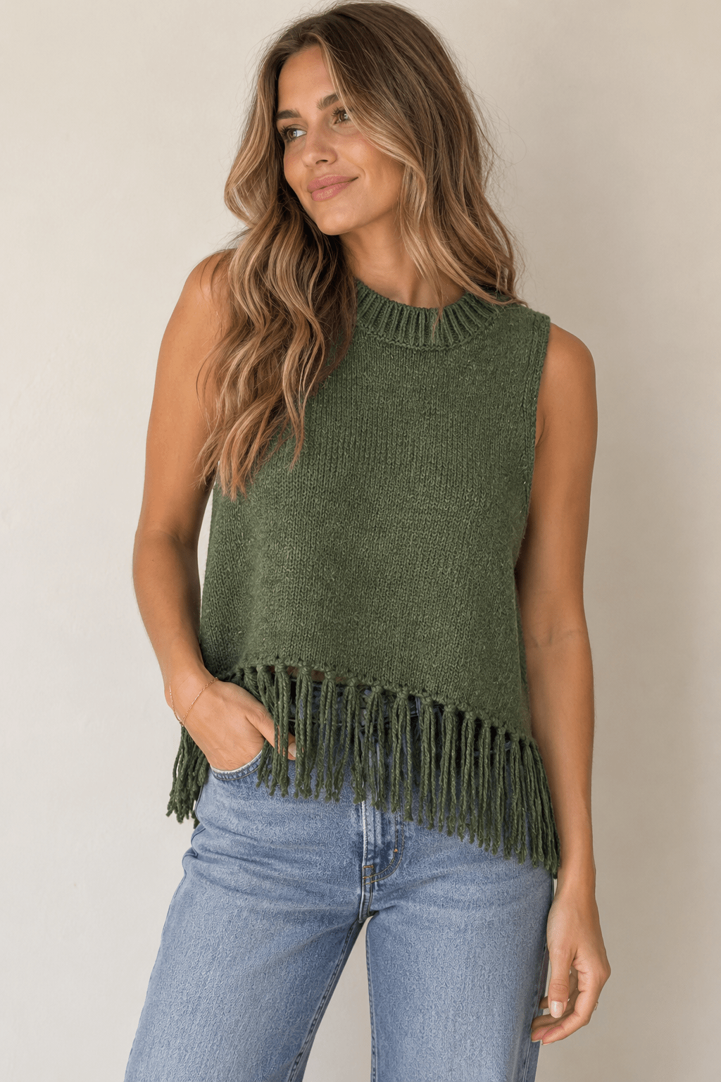 Fringe Sleeveless Sweater- Olive - STRIVE Boutique