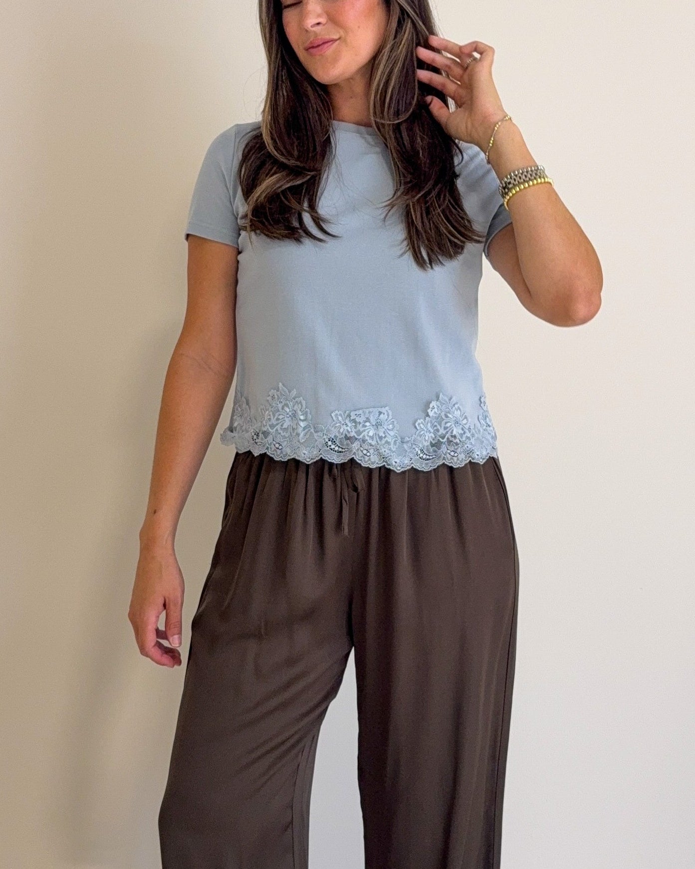 Lace Trim Short Sleeve Tee-Blue - STRIVE Boutique