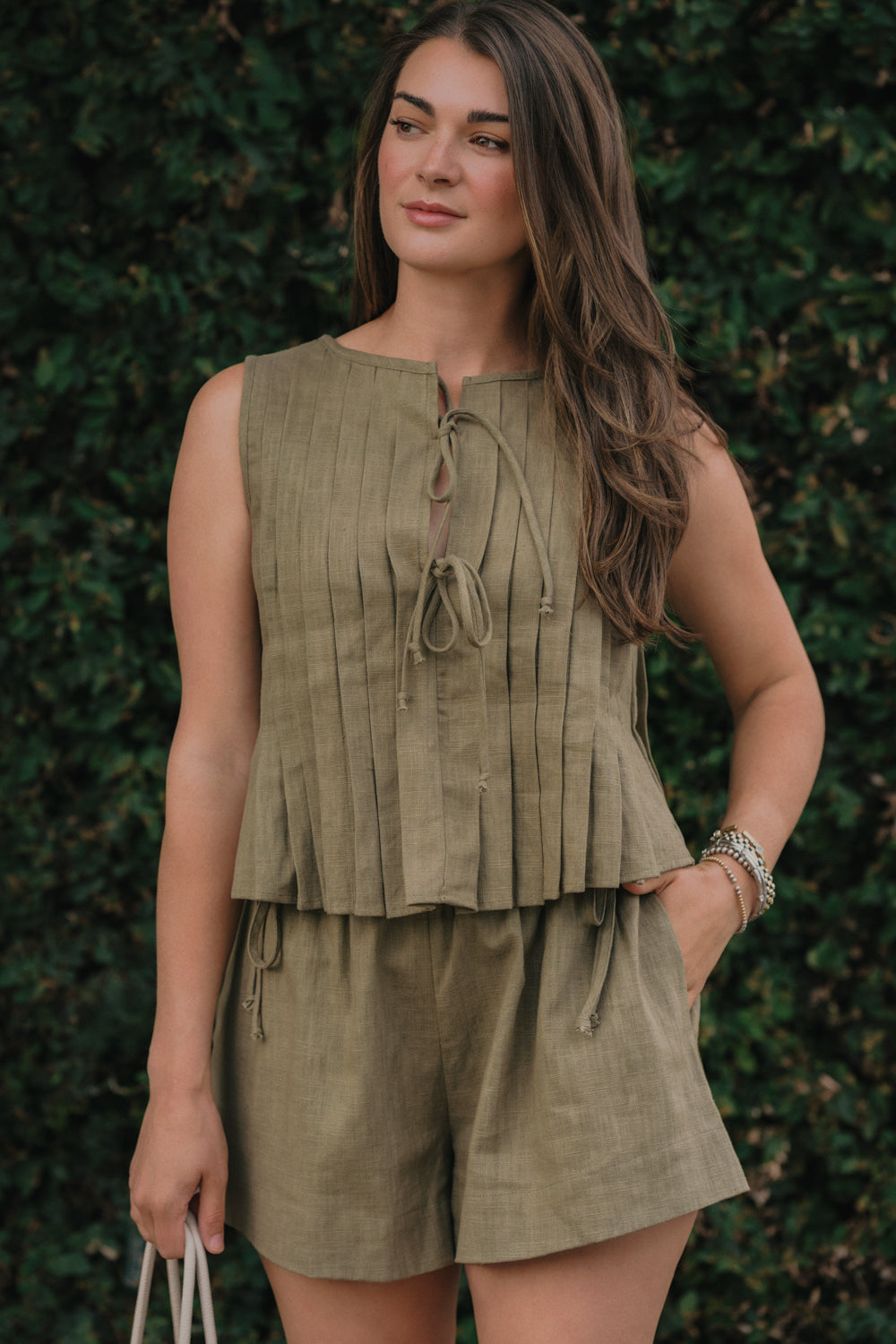 Pleated Tie Front Linen Top
