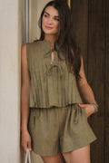 Pleated Tie Front Linen Top