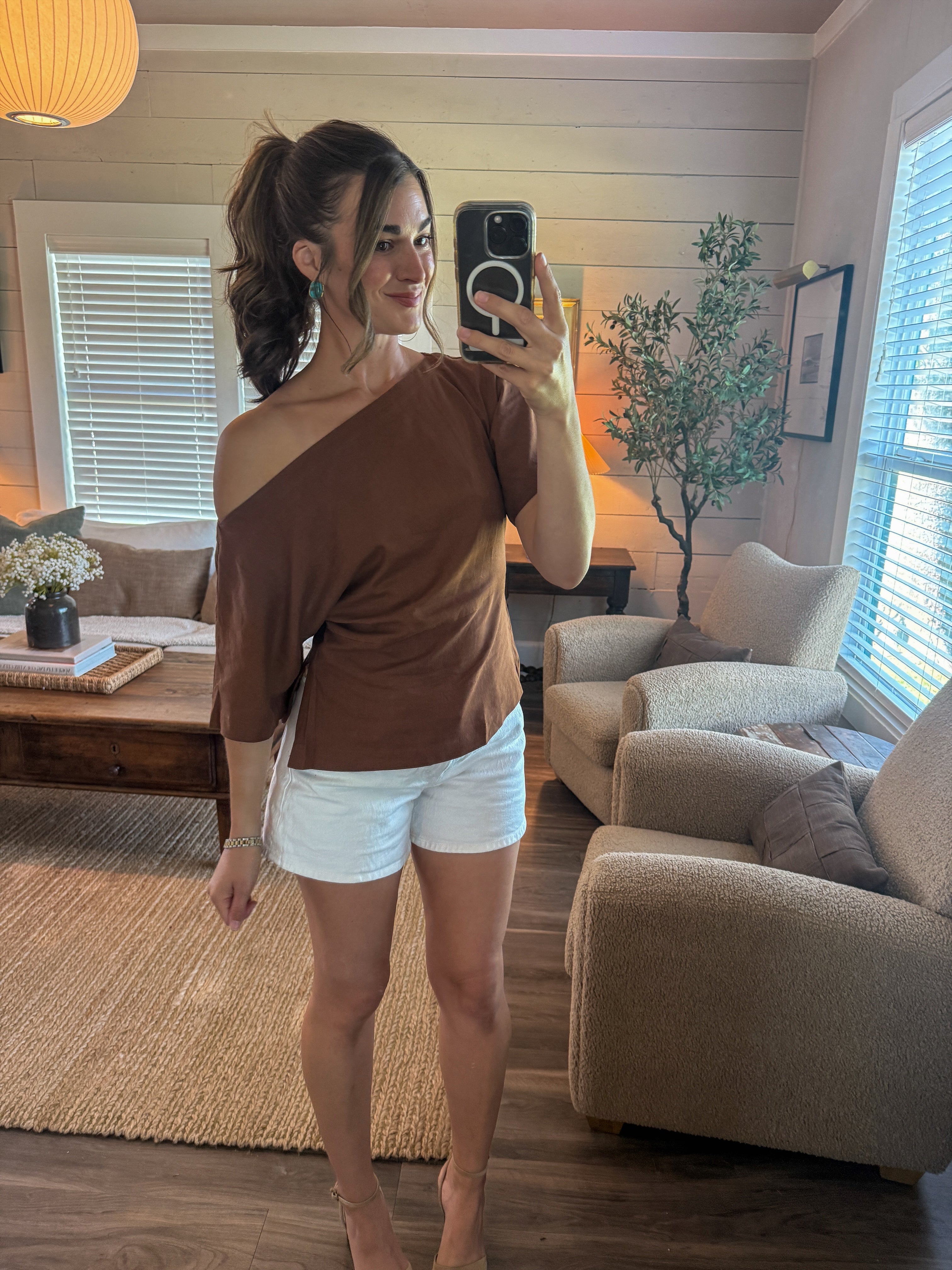 Linen Blend One Shoulder Top-Brown