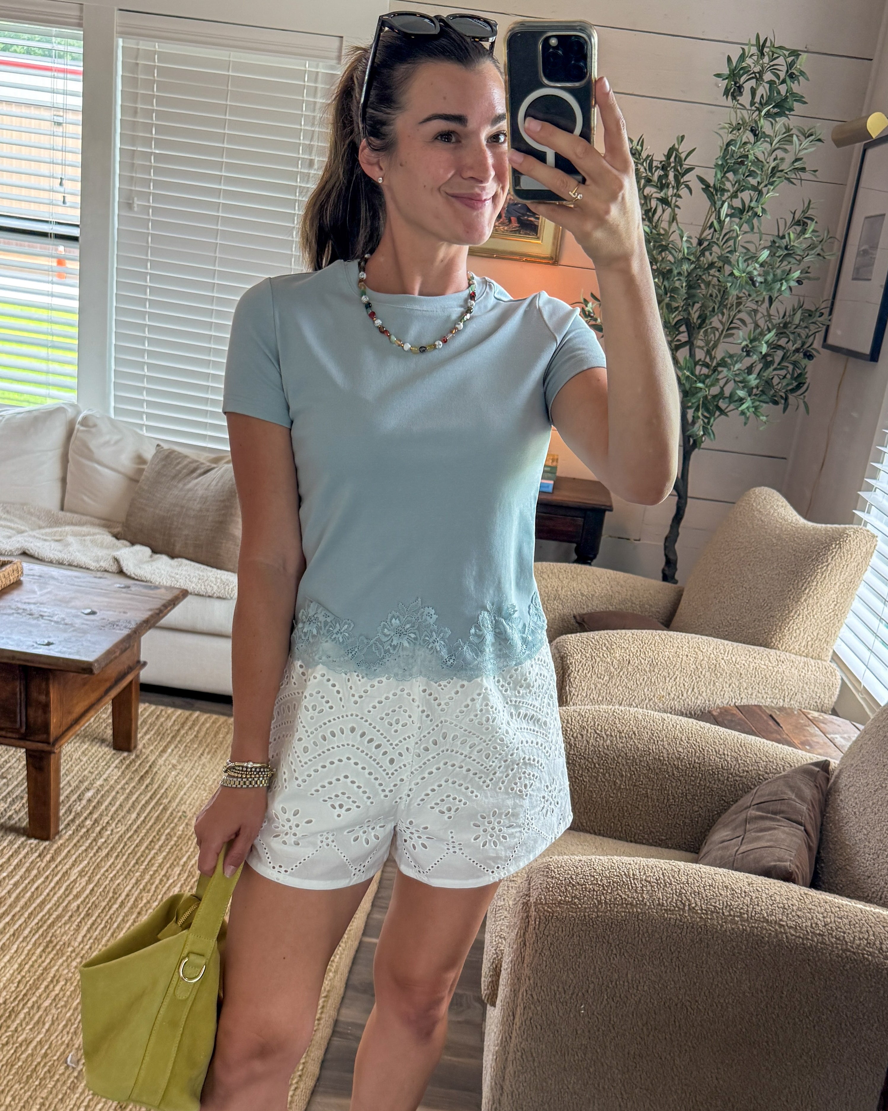 Lace Trim Short Sleeve Tee-Blue