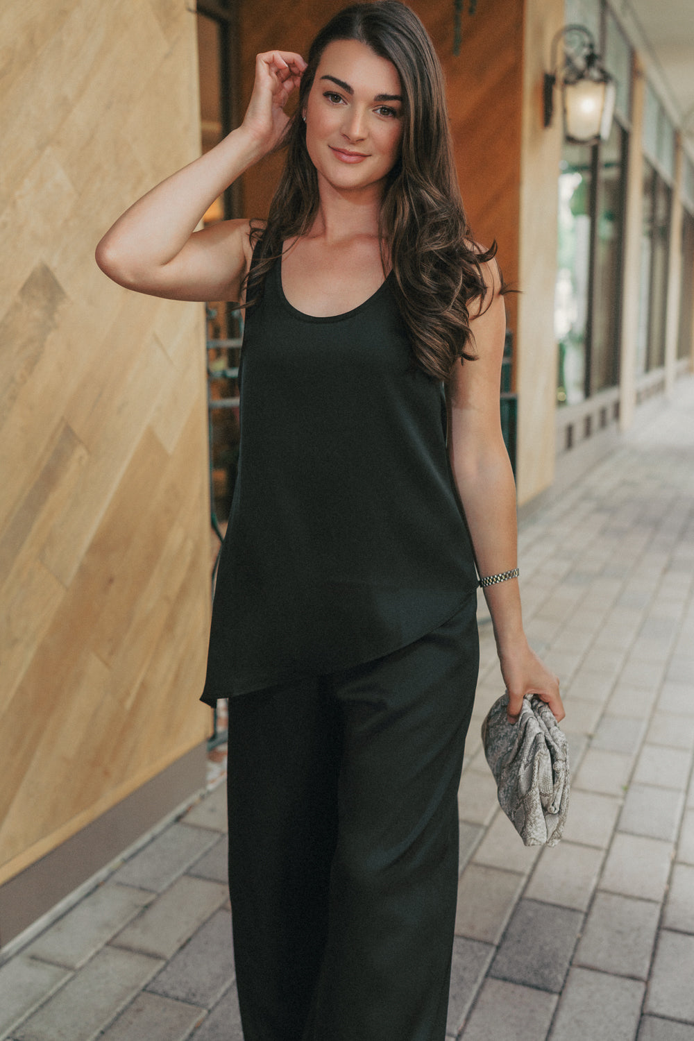 Comfortable black matching set with draped top and wide leg pants in breathable viscose fabric