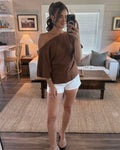 Linen Blend One Shoulder Top-Brown - STRIVE Boutique