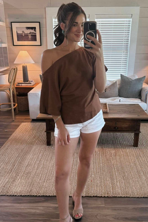 Linen Blend One Shoulder Top-Brown - STRIVE Boutique