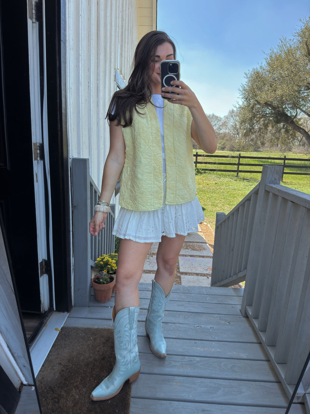embroidered cotton quilted vest from a women’s boutique styled for round top texas or rodeo outfit