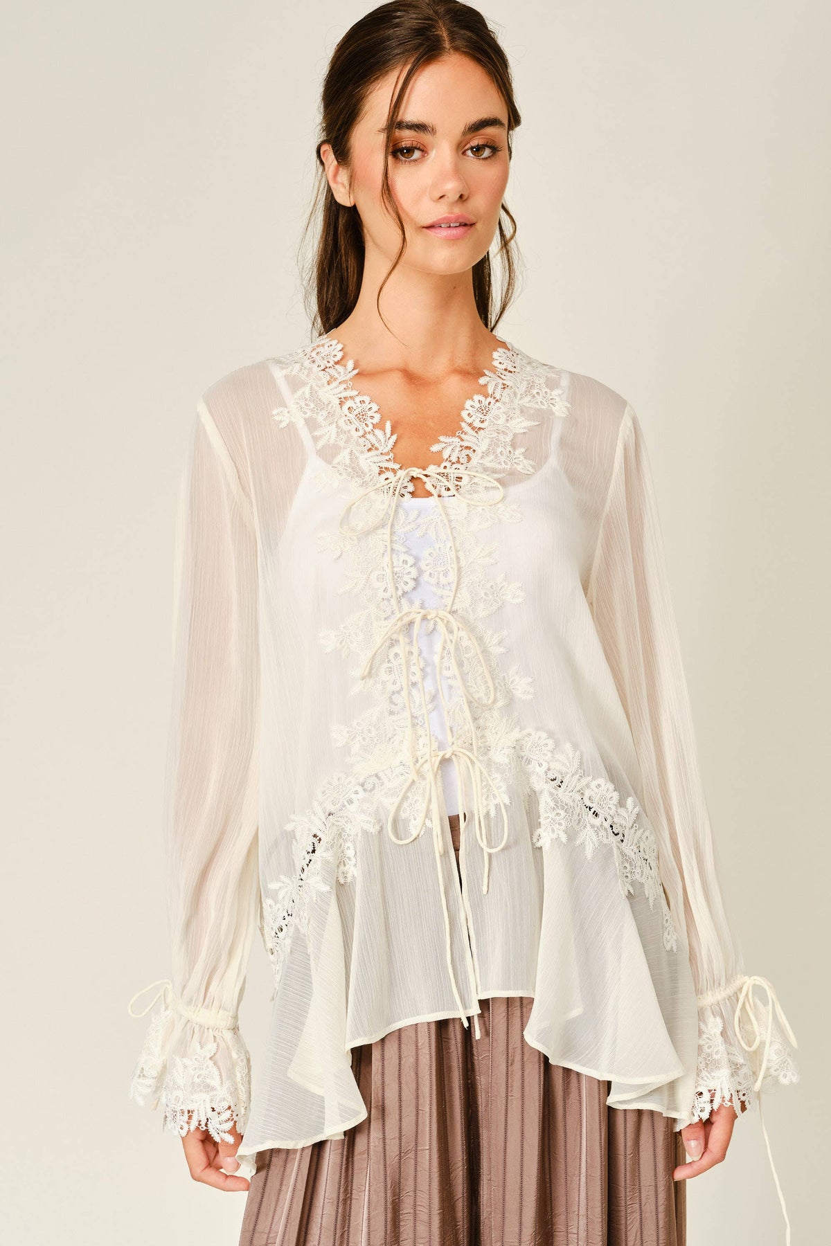 Amanda Sheer Lace Ruffle Cardigan Blouse
