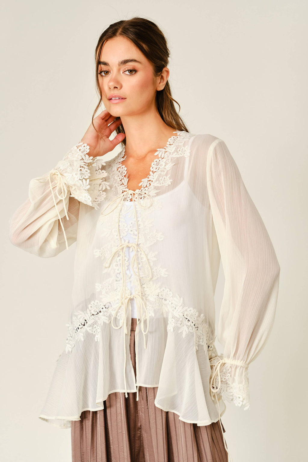 Amanda Sheer Lace Ruffle Cardigan Blouse