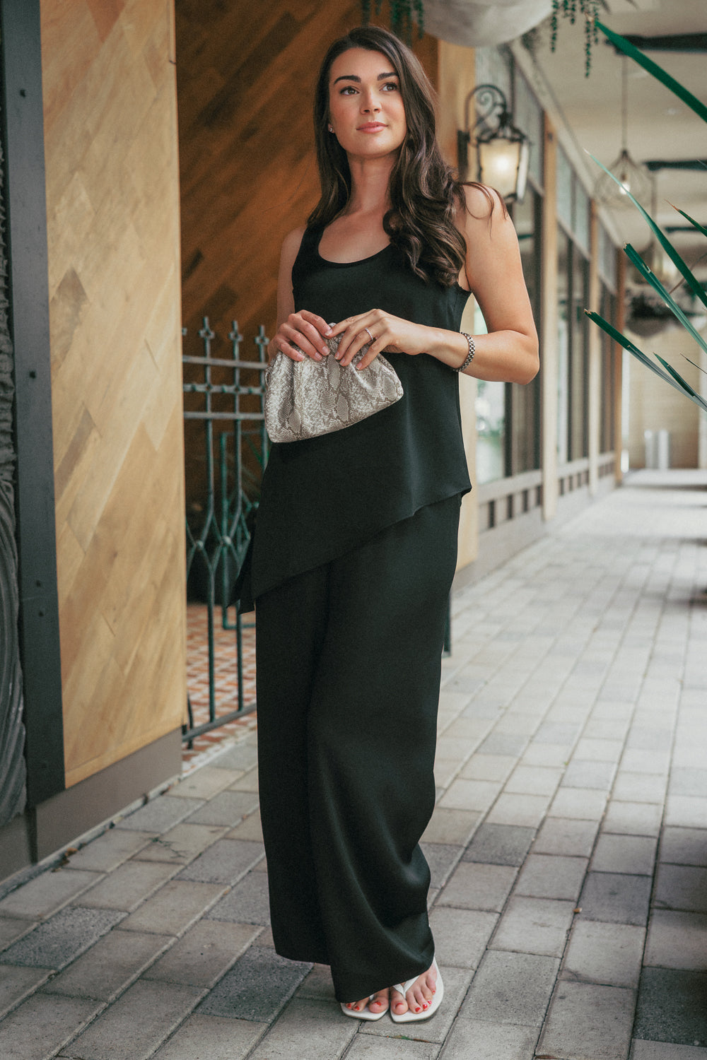 Black viscose matching set with flowy tank top and wide leg elastic waist pants, lightweight and comfortable for everyday wear
