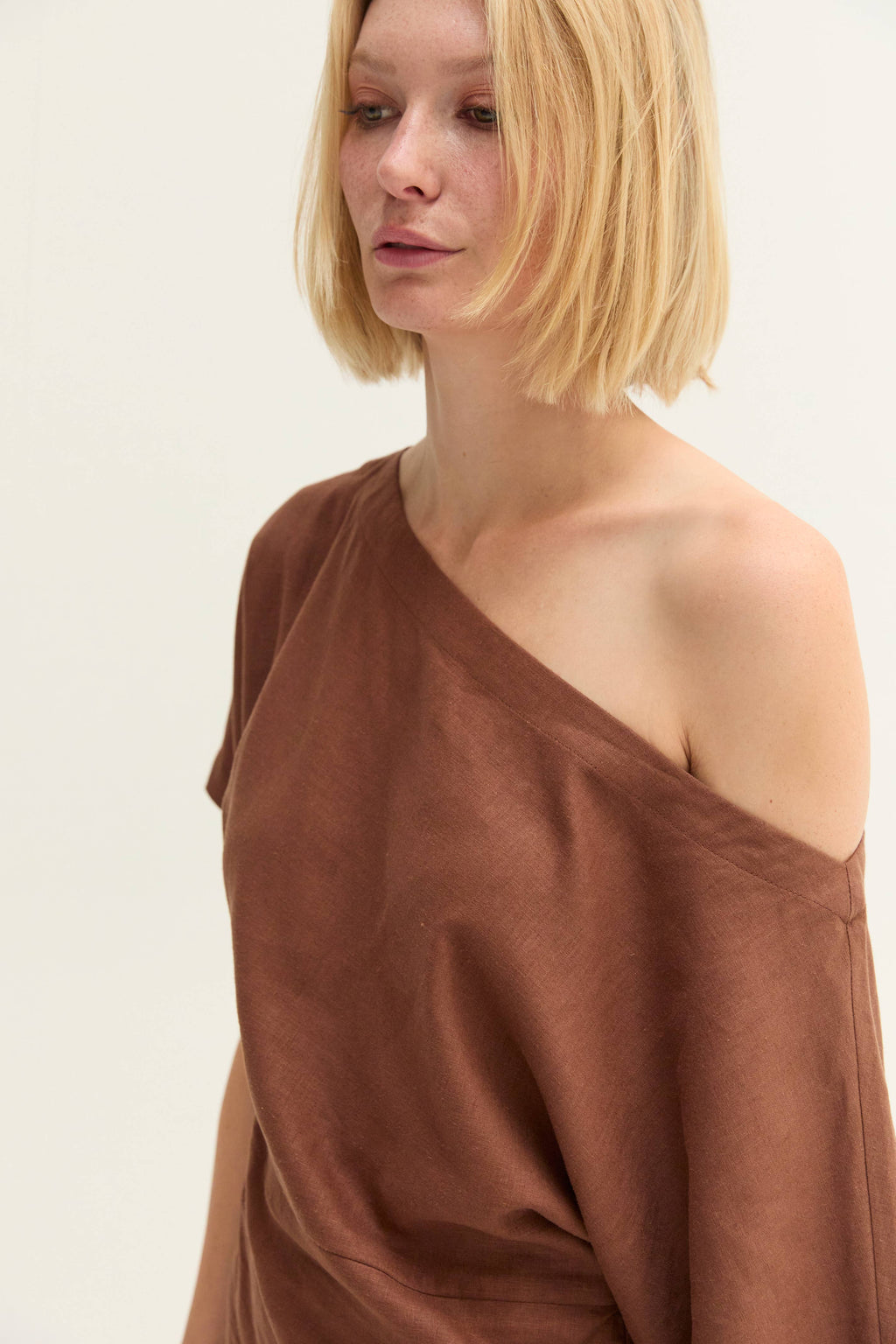 Linen Blend One Shoulder Top-Brown