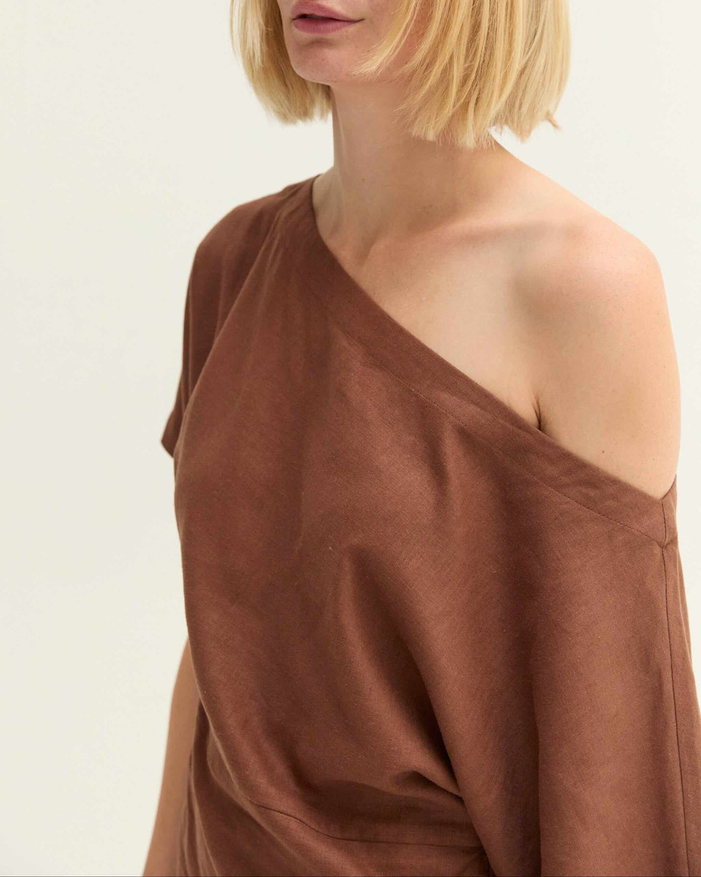 Linen Blend One Shoulder Top-Brown - STRIVE Boutique