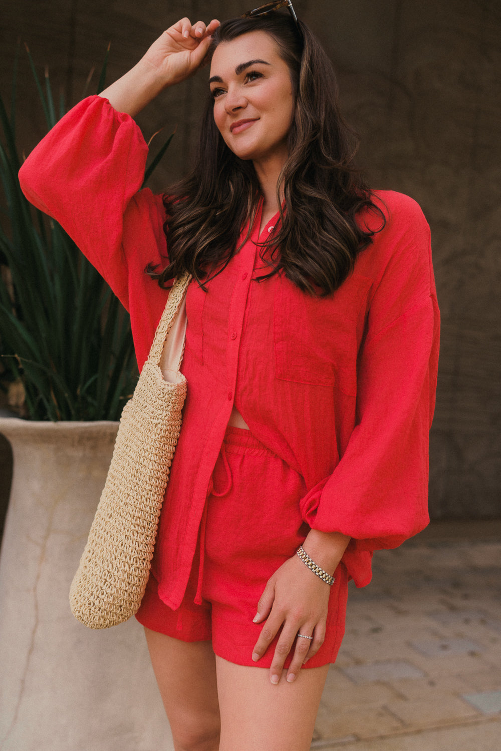 lightweight matching short set with a long sleeve button down top worn casually or over a swimsuit