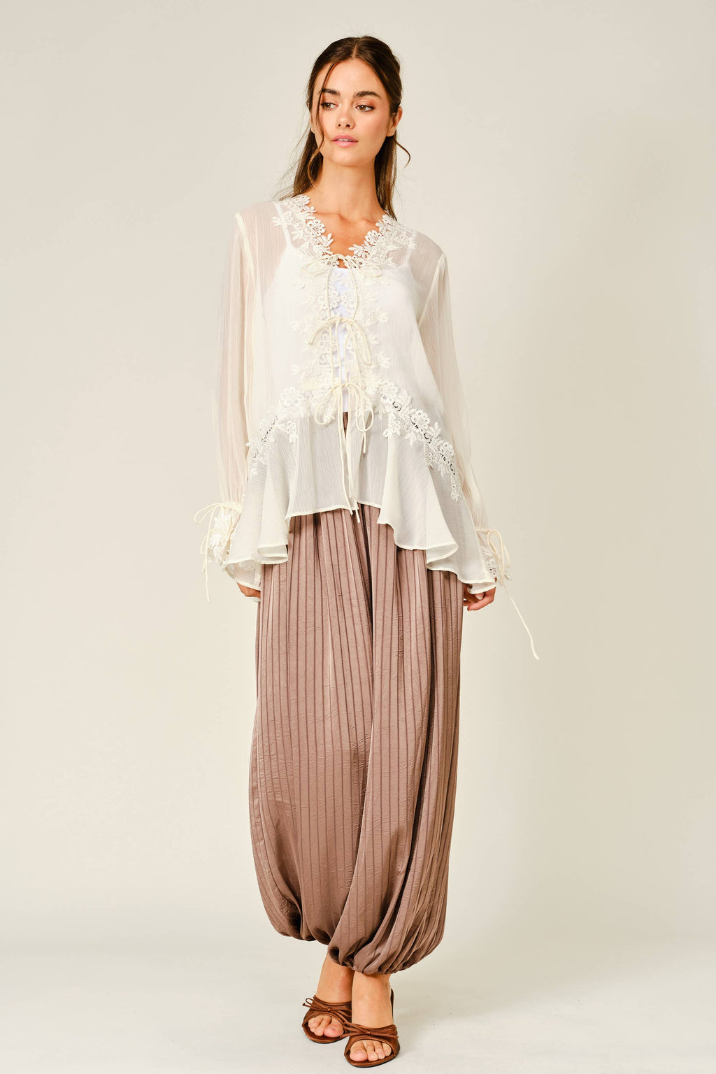 Amanda Sheer Lace Ruffle Cardigan Blouse