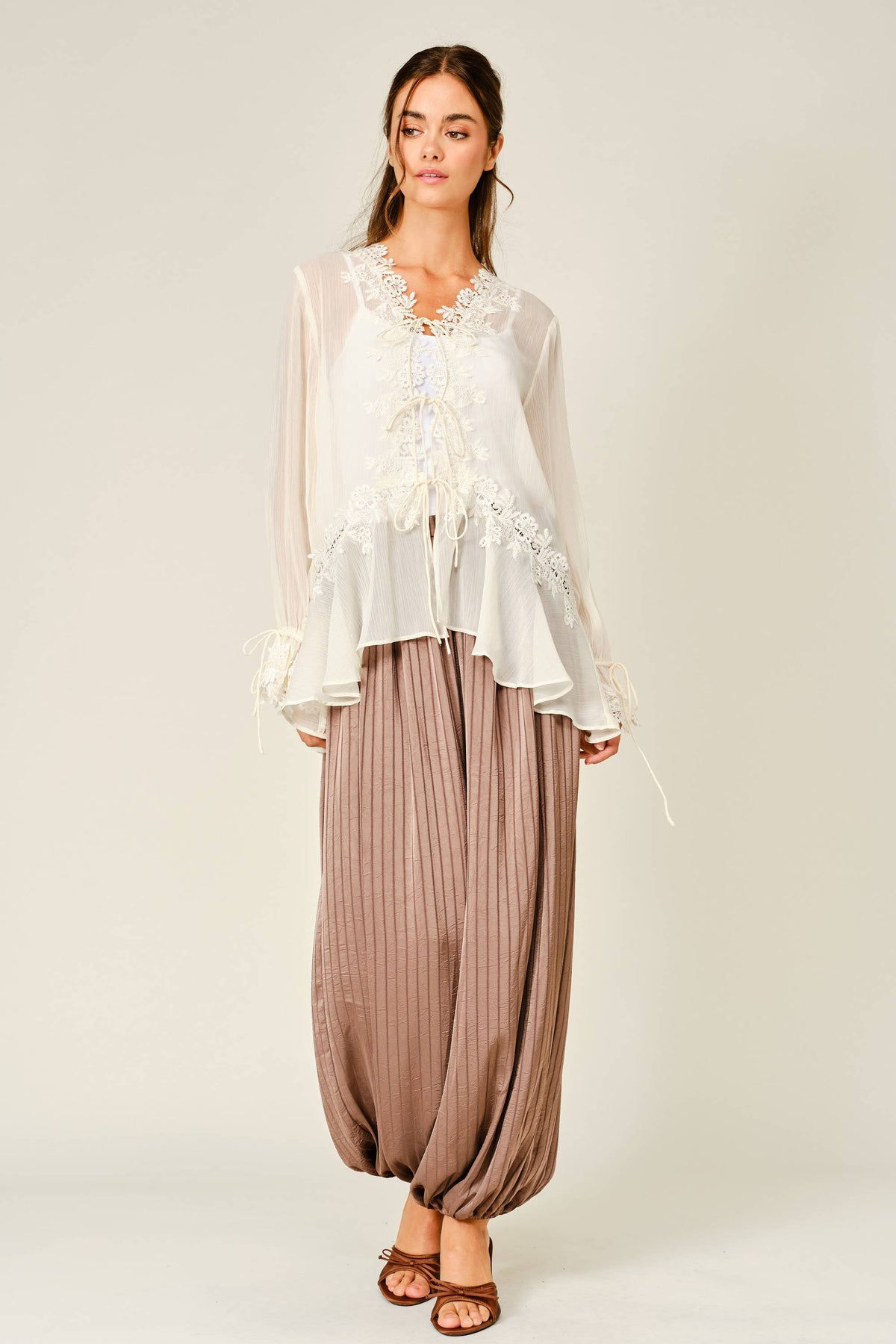 Amanda Sheer Lace Ruffle Cardigan Blouse