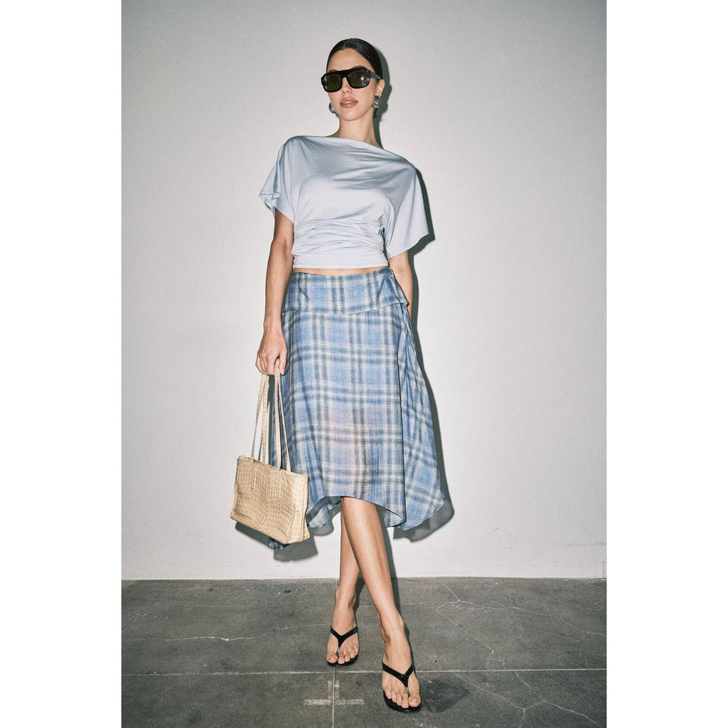 Emily Plaid Linen Wrap Asymmetric Midi Skirt