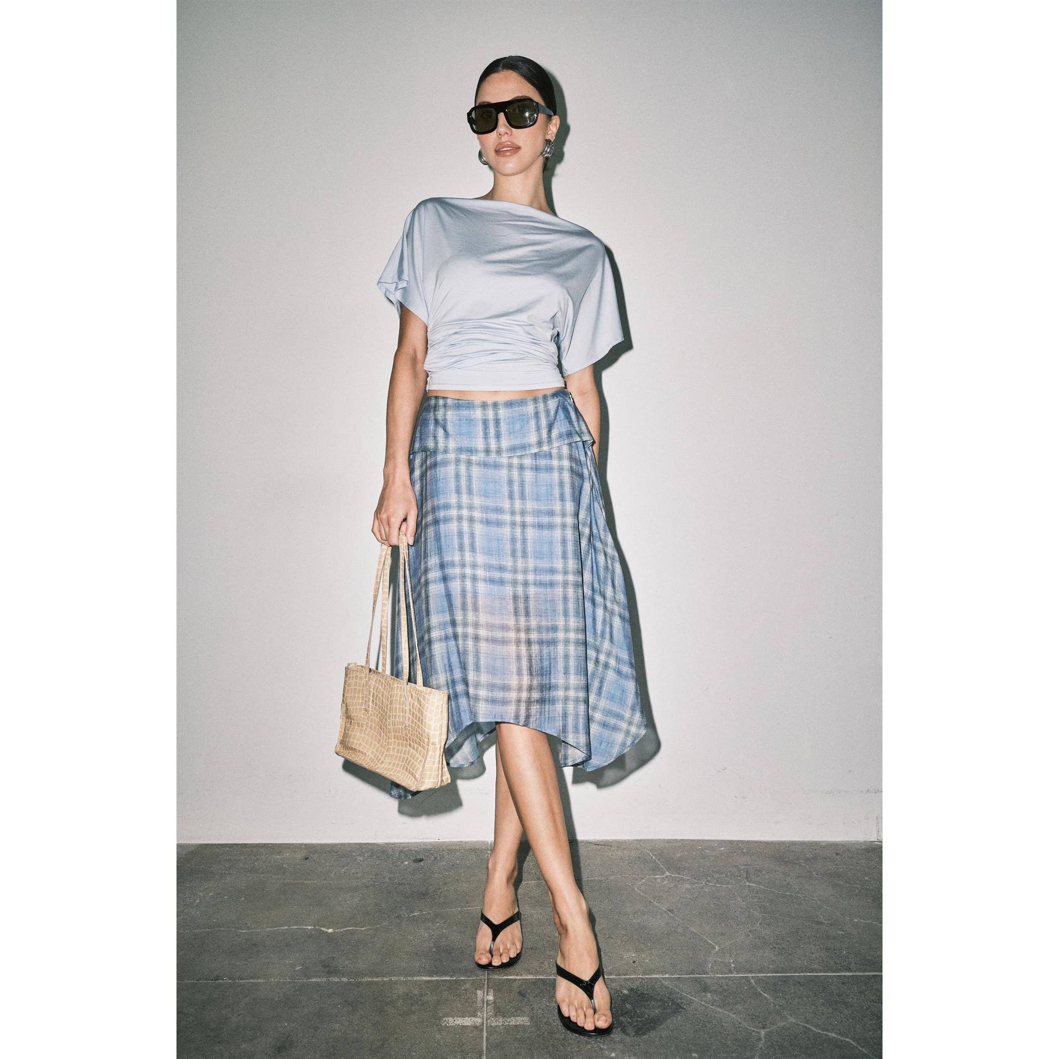 Emily Plaid Linen Wrap Asymmetric Midi Skirt