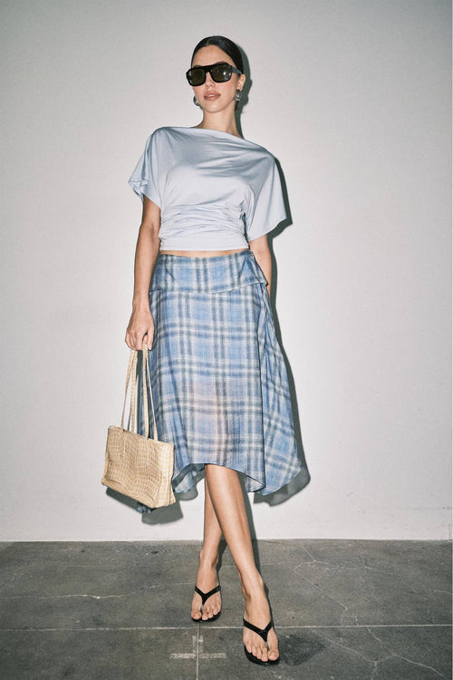 Emily Plaid Linen Wrap Asymmetric Midi Skirt - STRIVE Boutique