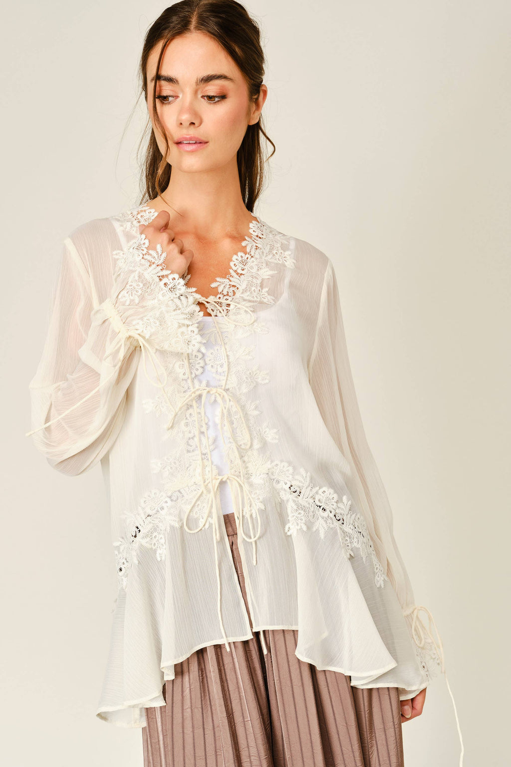 Amanda Sheer Lace Ruffle Cardigan Blouse