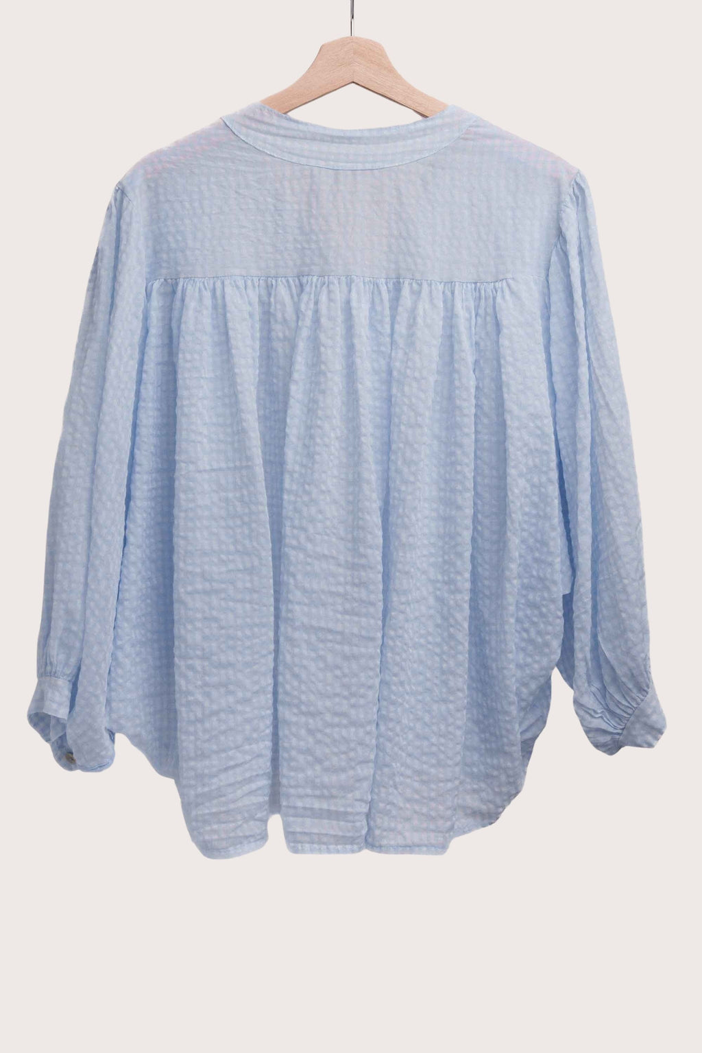Lightweight blue cotton gingham blouse for women with button front and relaxed fit