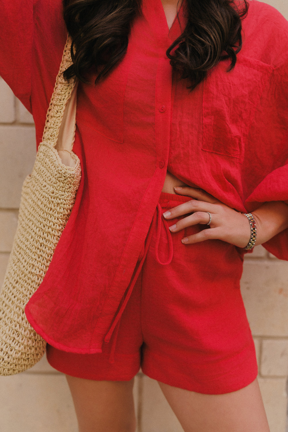 red cotton matching short set with long sleeve for spring summer outfits